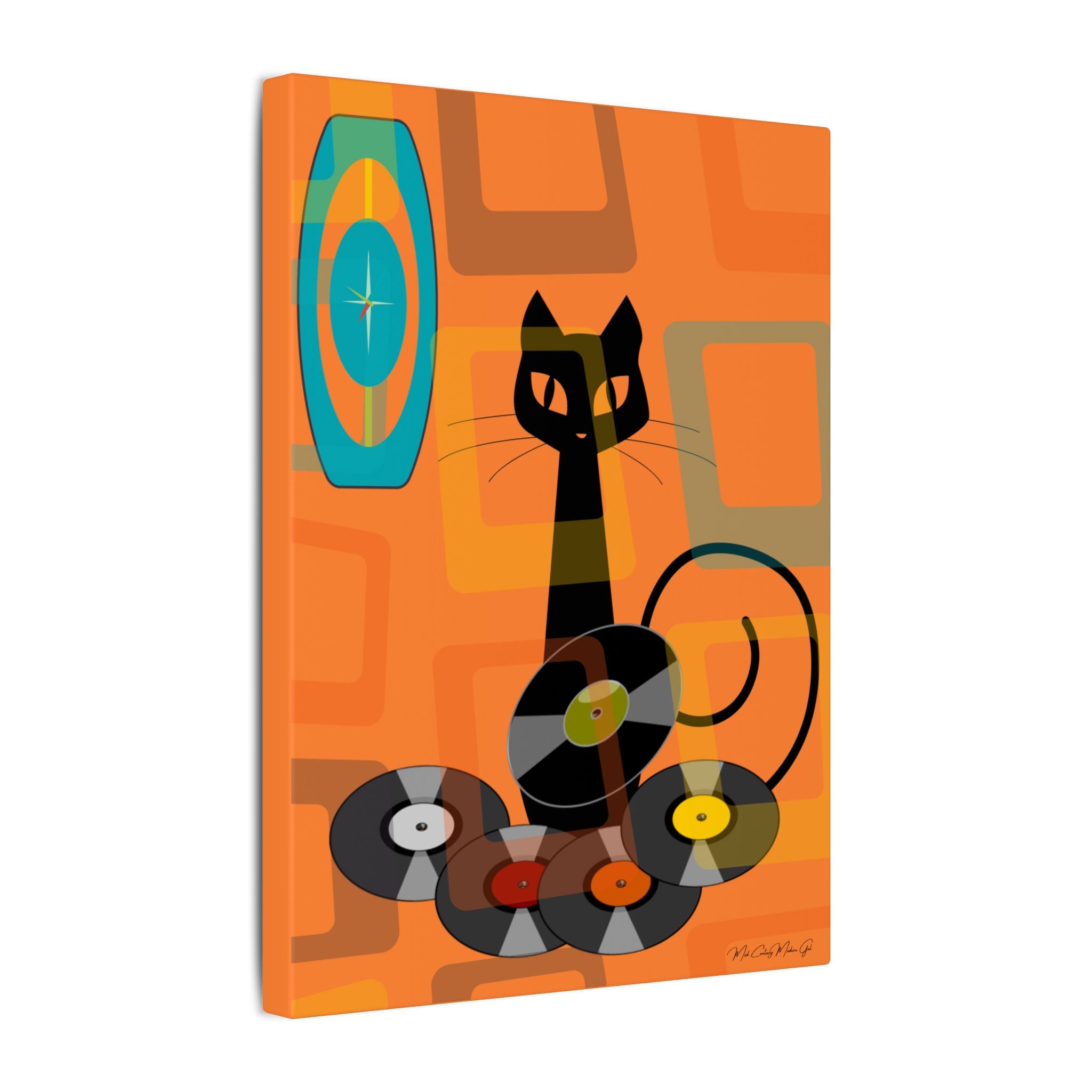 Atomic Cat Retro Groovy Records Mid Century Modern Orange Geometric, Canvas Gallery MCM Mid Mod Wall Art - Mid Century Modern Gal