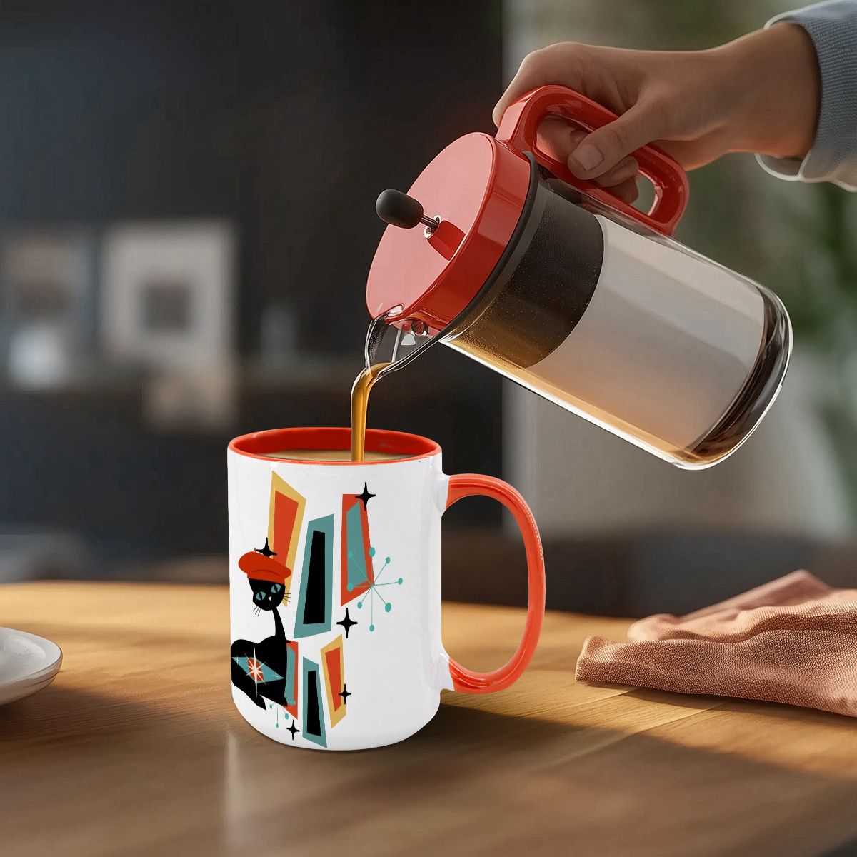 Atomic Cat Mid Century Modern Coffee Mug With Geometric Design