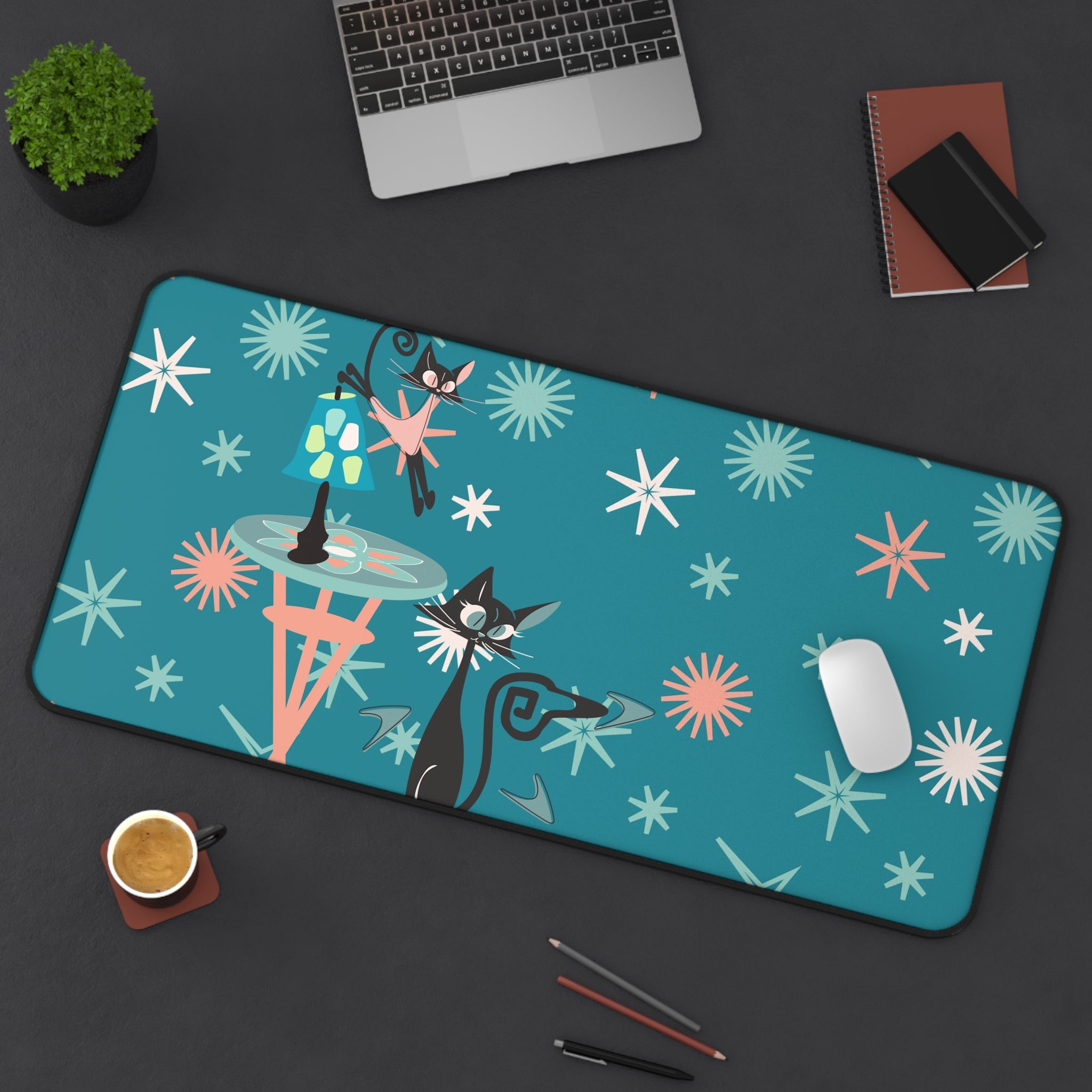 Atomic Cat Desk Mat, Kitschy Cute, Teal, Pink Starburst Mid Century Modern Office Decor - Mid Century Modern Gal