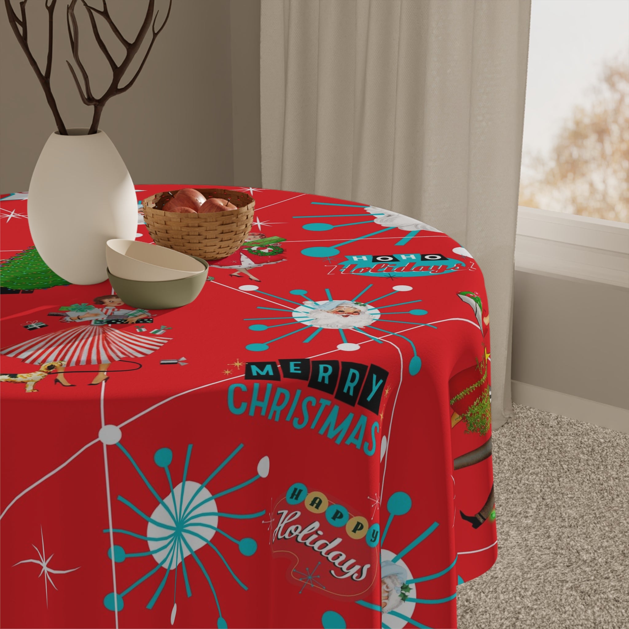Mid Century Modern Christmas Vintage Red HolidayTablecloth - Festive Holiday Decor with Santa & Cheerful Designs - Mid Century Modern Gal