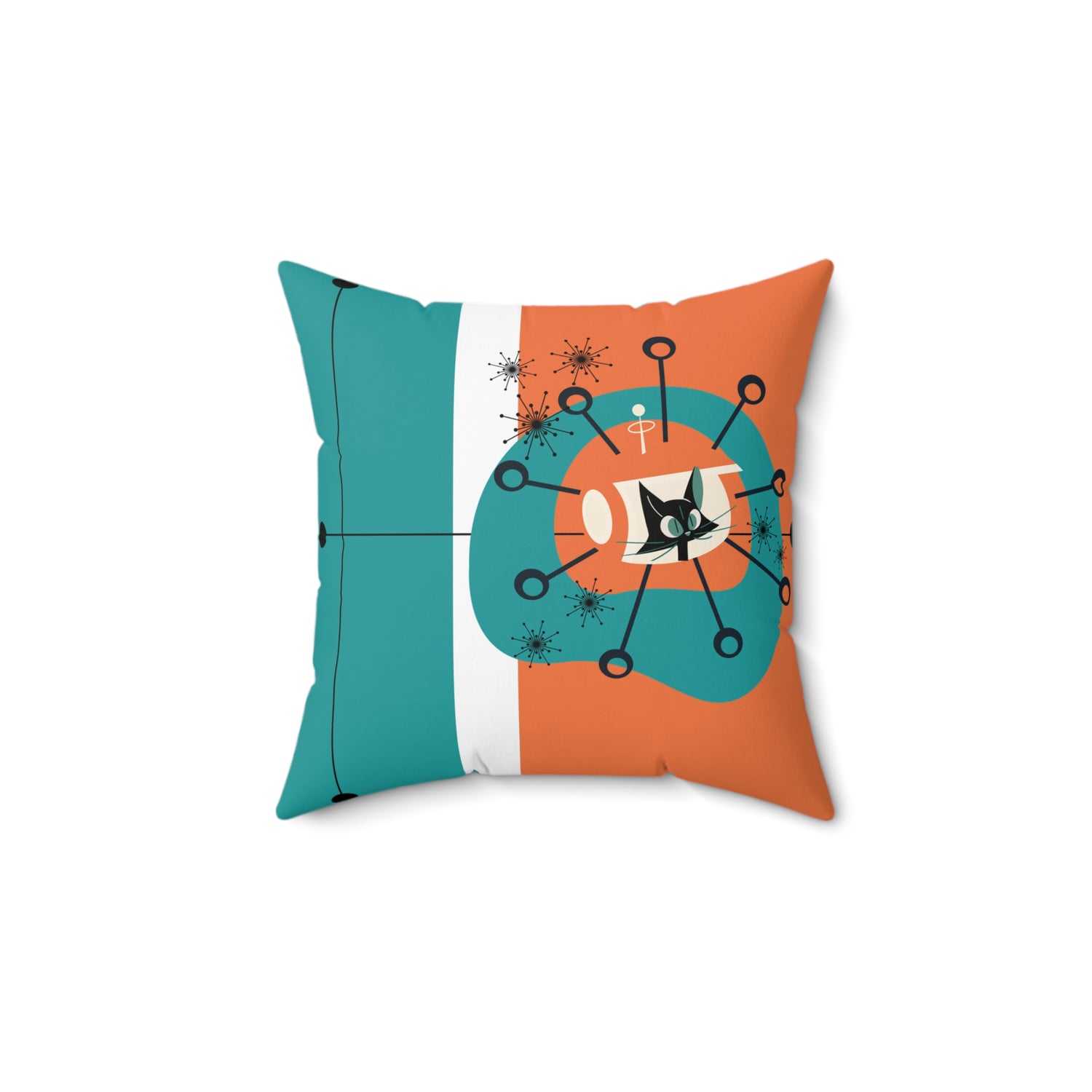 Atomic Space Kittie, Mid Century Modern Orange, Teal, White, Linear Lines, MCM Pillow And Cover - Mid Century Modern Gal