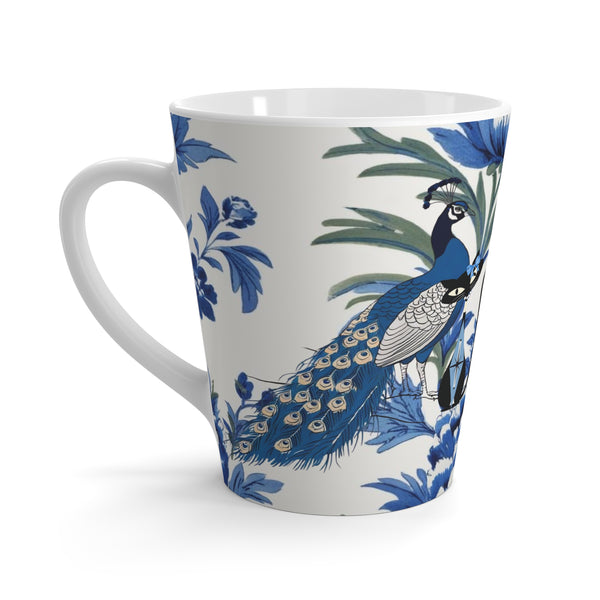 Chinoiserie Elegant Peacock, Atomic Cat Black Cat Lover, Latte Mug - Artistic Blue Floral Design