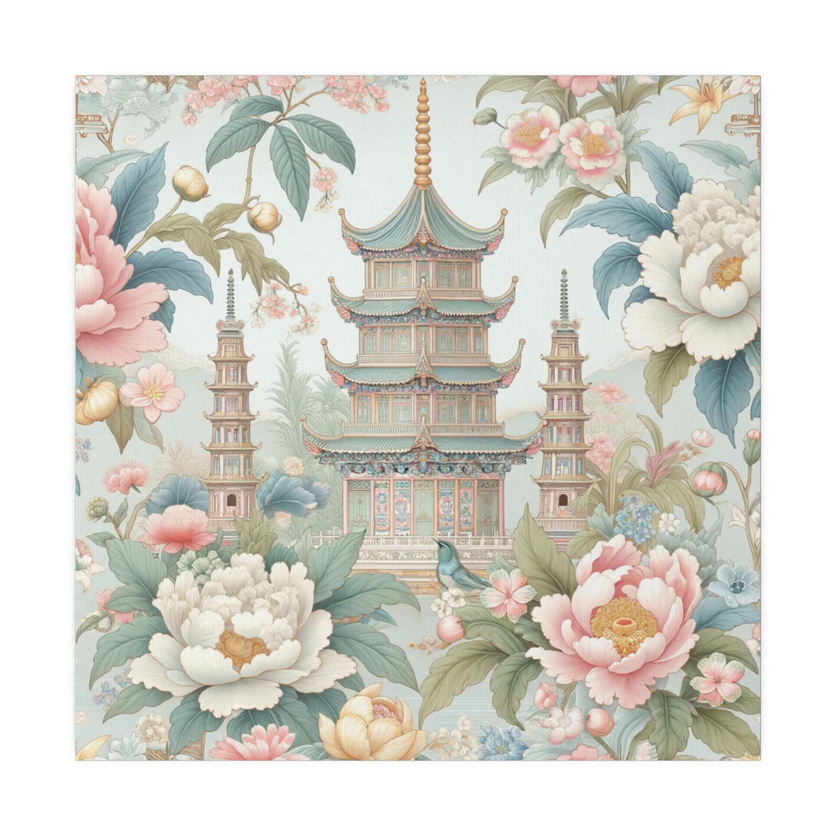 Chinoisere Wall Art, Beautiful Exotic Pagoda, Pastels, Florals, Roses, Blue Birds, Southern Home Style Wall Art - Mid Century Modern Gal