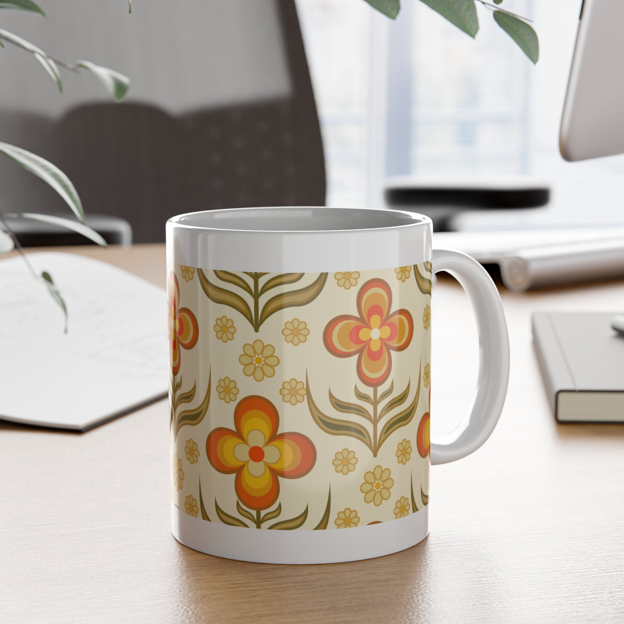 70s Flower Power, Daily Cup of Retro White Ceramic Mug, 11oz - Mid Century Modern Gal