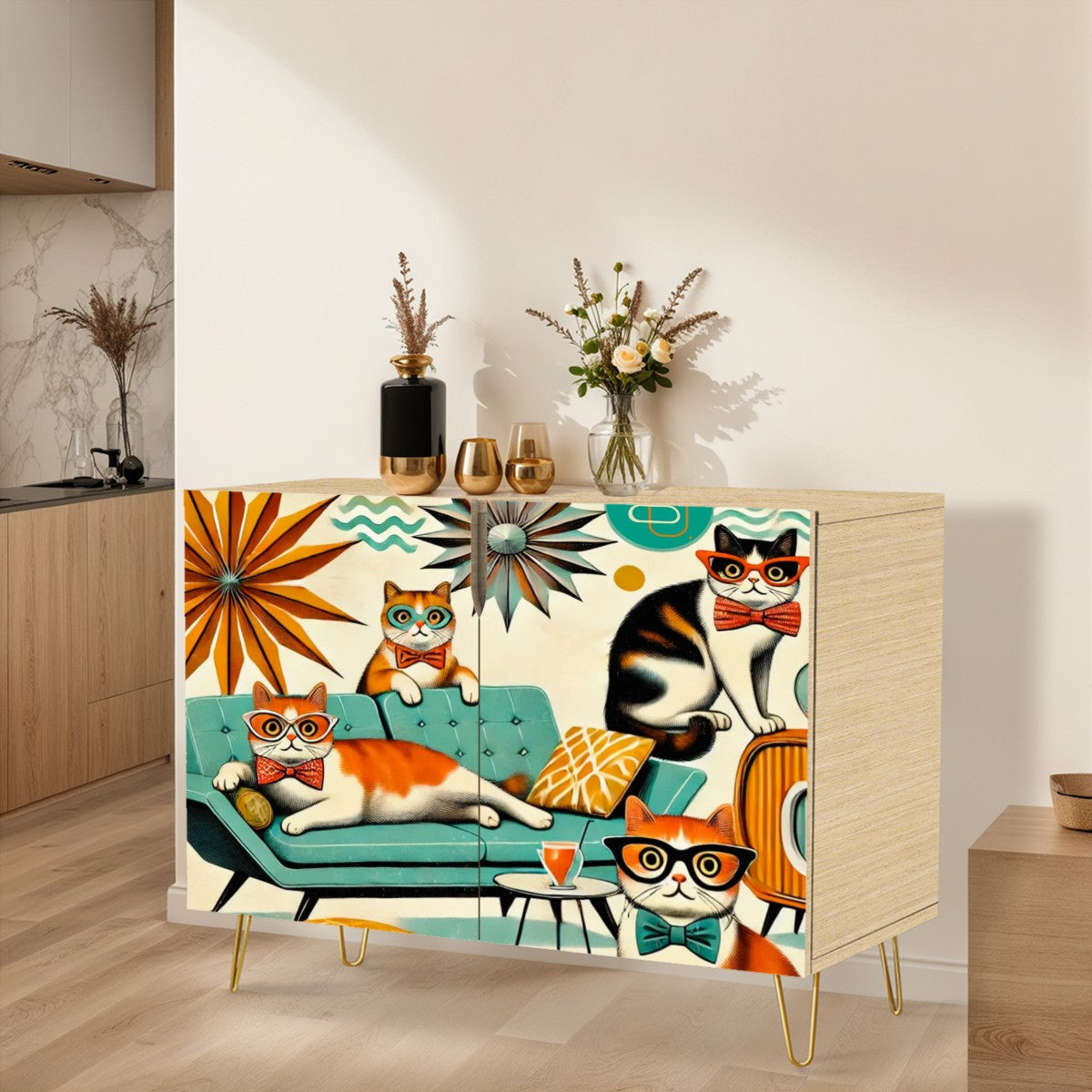Mid Century Modern Wooden Storage Cabinet, Quirky Cats, Mod Furniture - Mid Century Modern Gal