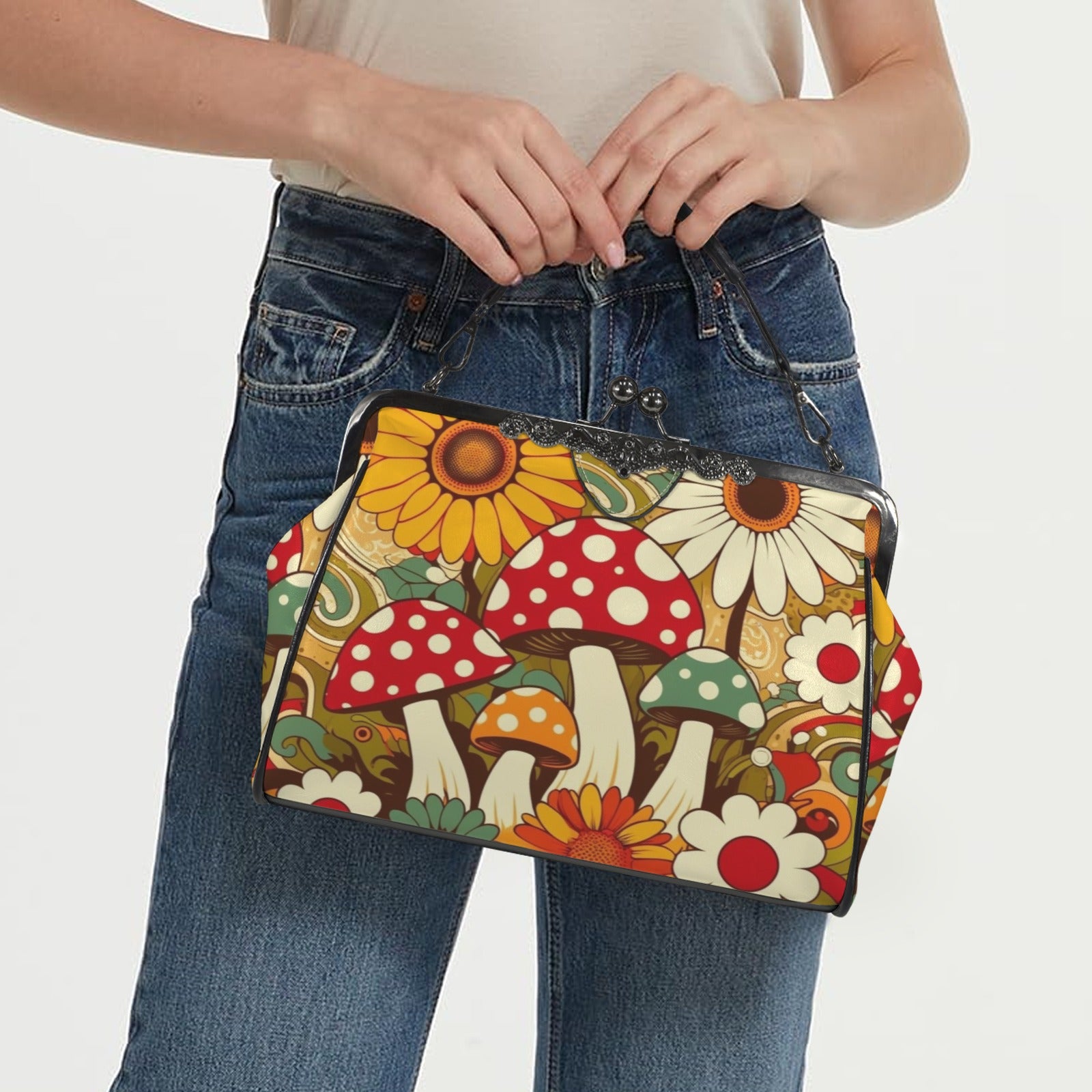 Retro Groovy Mushroom Funky Mod Kisslock Crossbody Purse - Mid Century Modern Gal