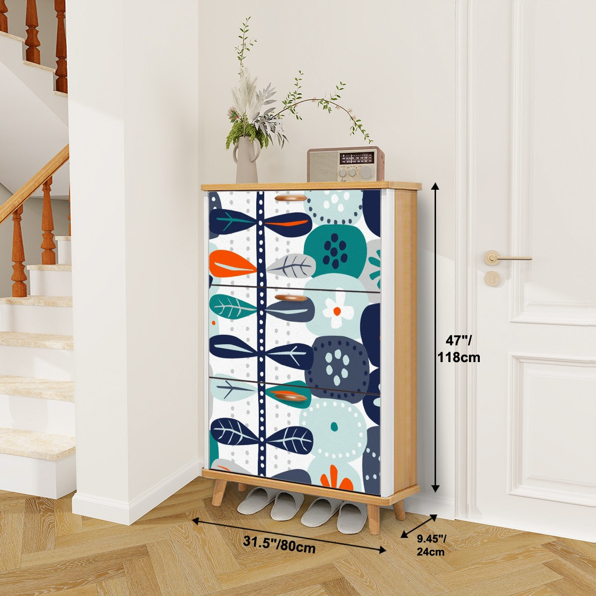 Scandinavian Blue Orange White, Teal Modern Danish Floral Shoe Cabinet - Mid Century Modern Gal