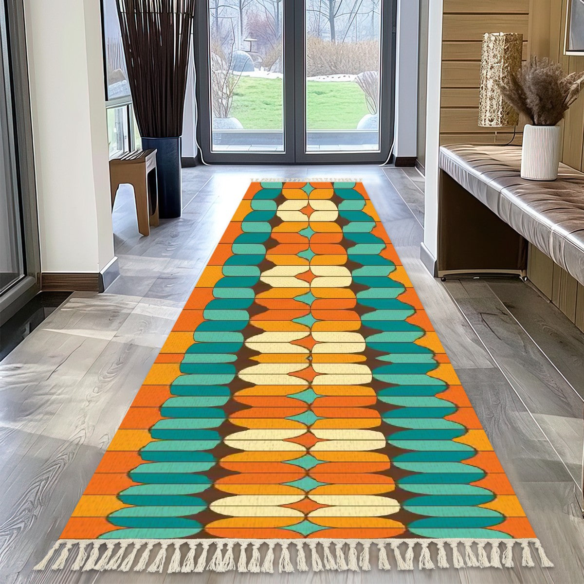 Mid Century Modern Orange Teal, Geometric Mod Rug Runner - Mid Century Modern Gal
