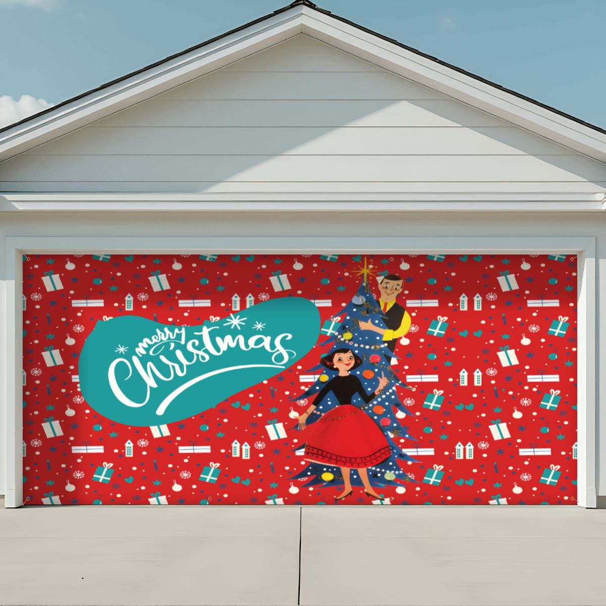 Mid Century Modern Christmas Kitschy 50s Garage Door Banner Backdrop - Mid Century Modern Gal