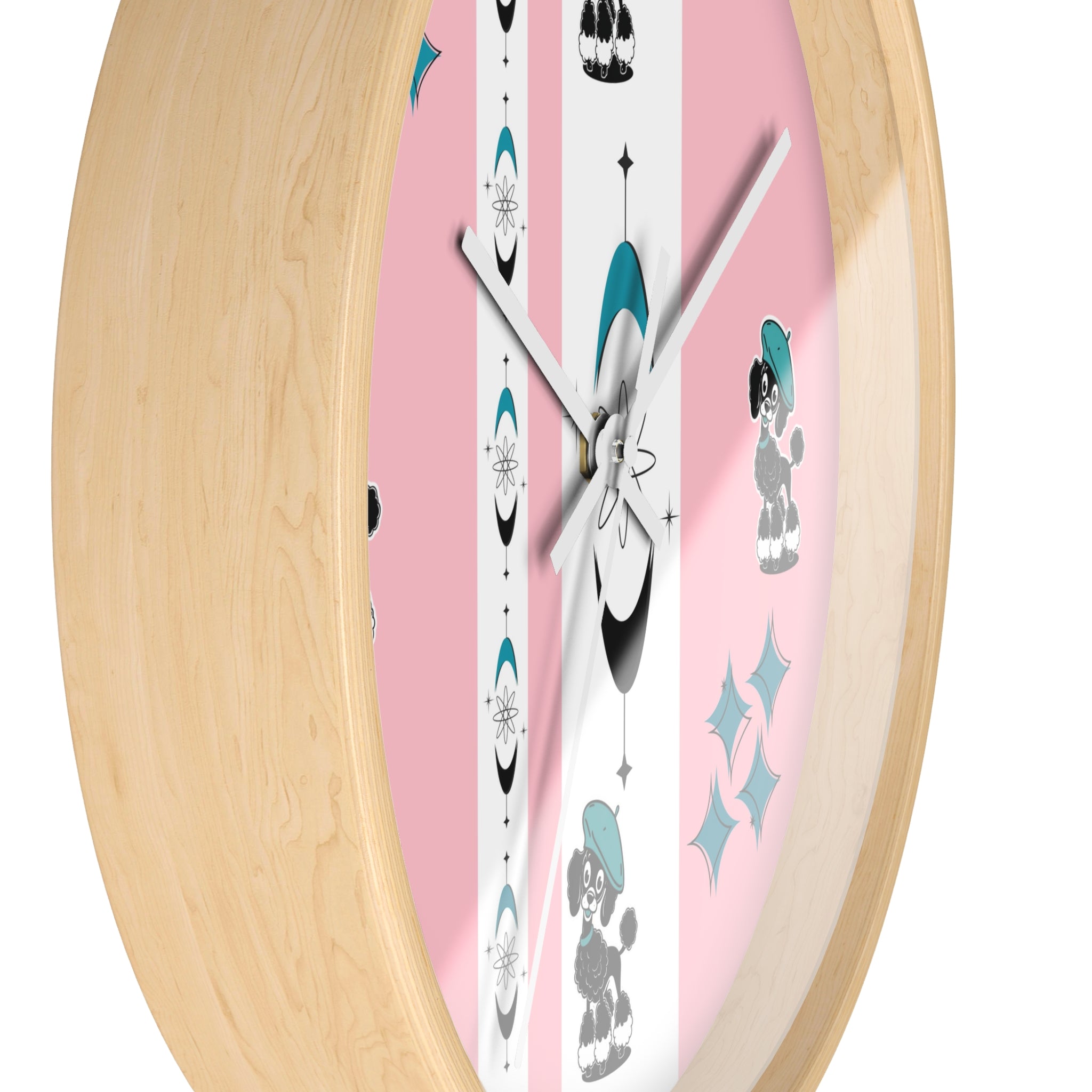Mid Century Modern Atomic Pink Starburst Wall Clock with Cute Retro Mod Poodle Design - Mid Century Modern Gal