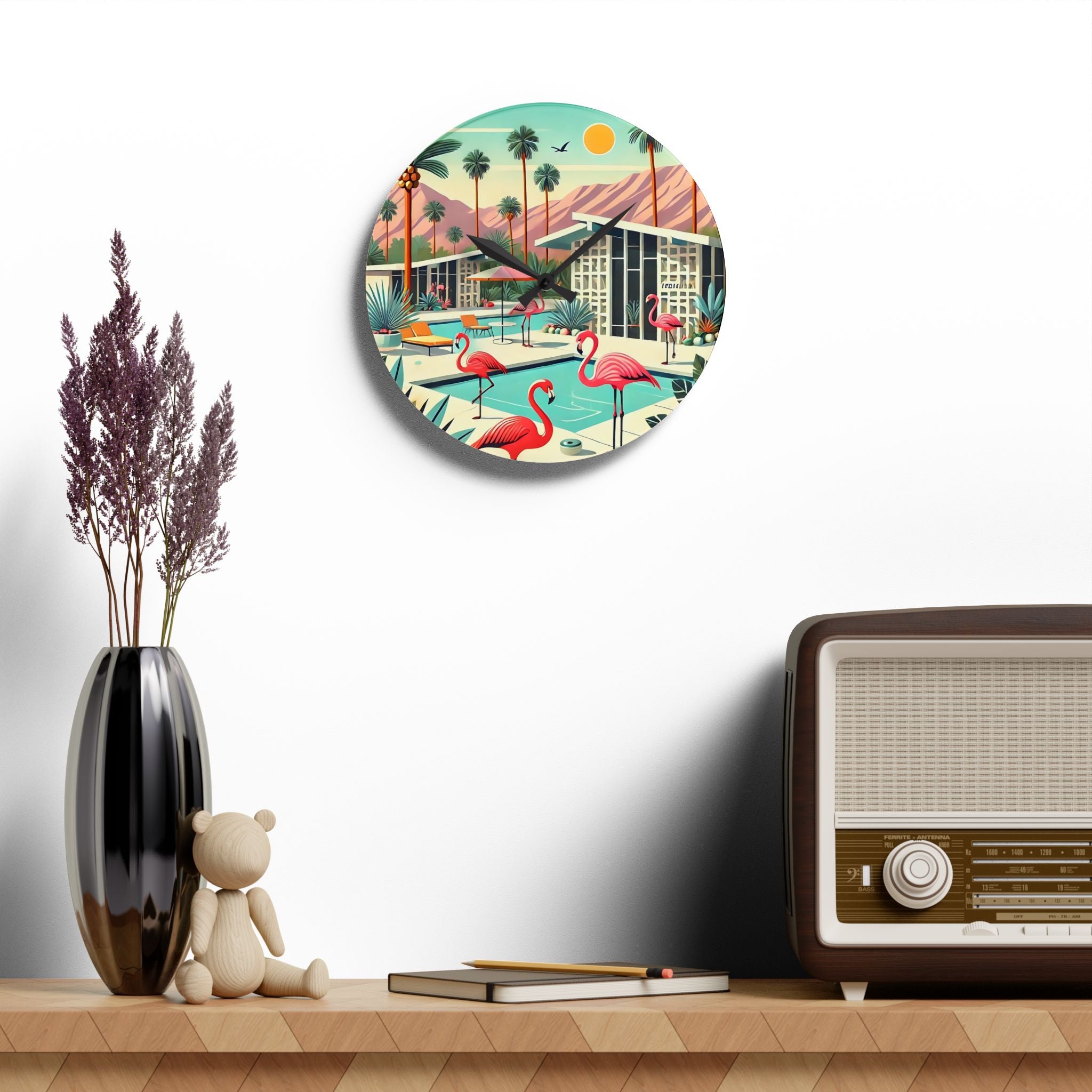 Palm Beach California Flamingo Clock, Kitsch Mod Acrylic Wall Clock - Mid Century Modern Gal