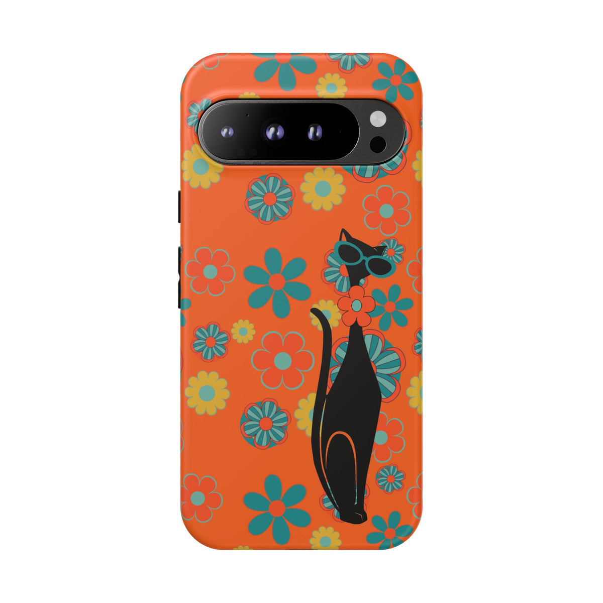 Flower Power, Retro Groovy Atomic Cat, Hipster Style Orange Samsung Galaxy and Google Pixel Tough Cases