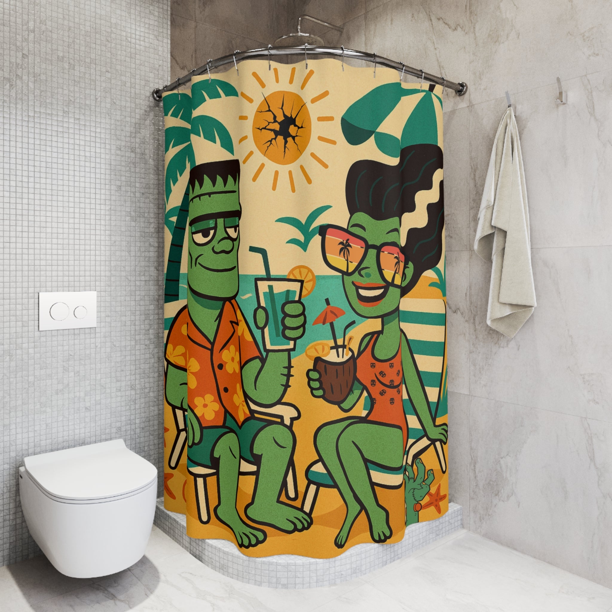 Retro Frankenstein And Bride, Kitschy Mod Monster Shower Curtain - Fun Tropical Design with Vintage Vibe - Mid Century Modern Gal
