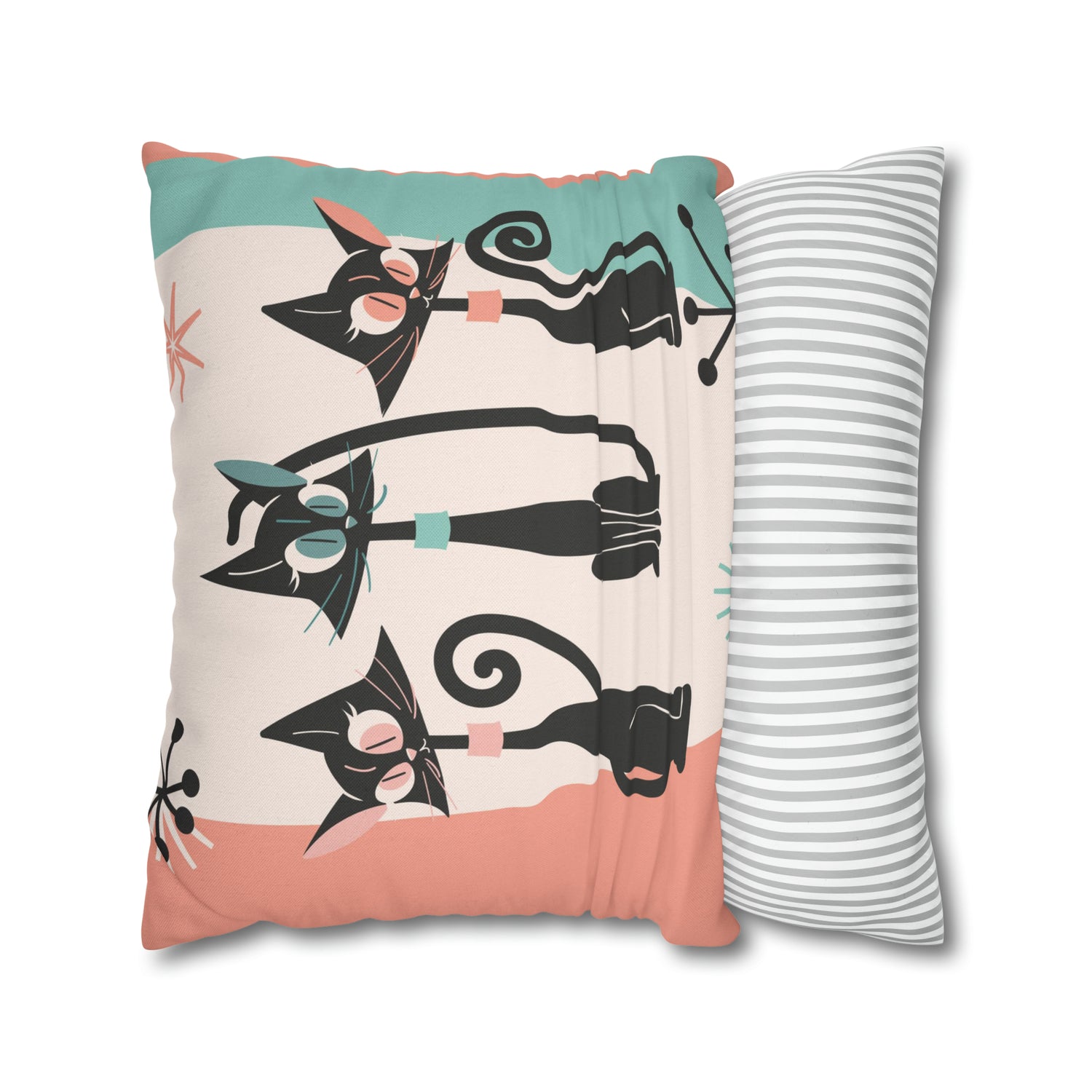 Atomic Cat Pillow, Kitschy 50s Mid Century Modern Style, Coral, Aqua, Creamy Beige, Retro MCM Atomic Home Living Pillow COVER - Mid Century Modern Gal