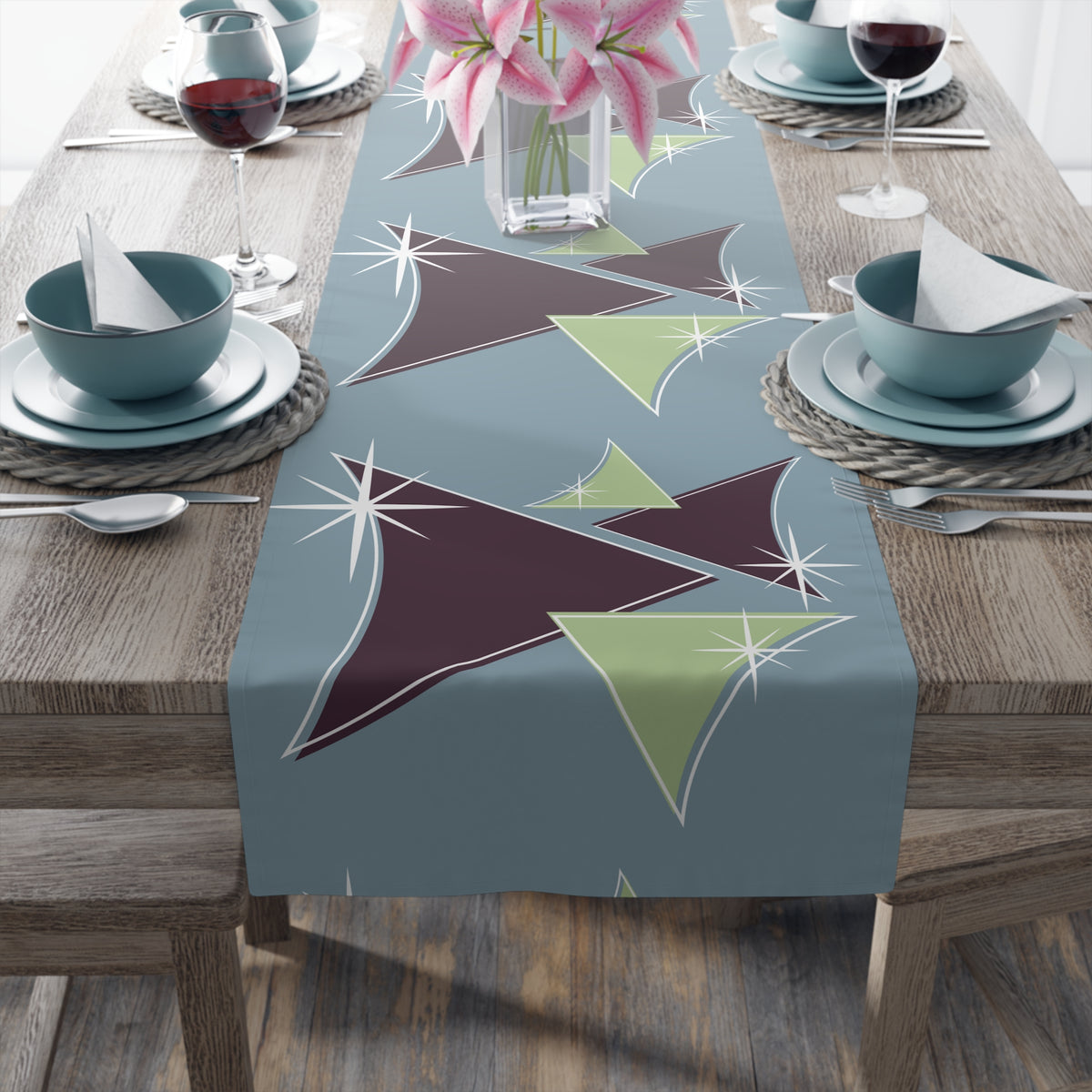Mid Century Modern Table Runner Indigo Blue, Purple Green Retro Table Linens - Mid Century Modern Gal
