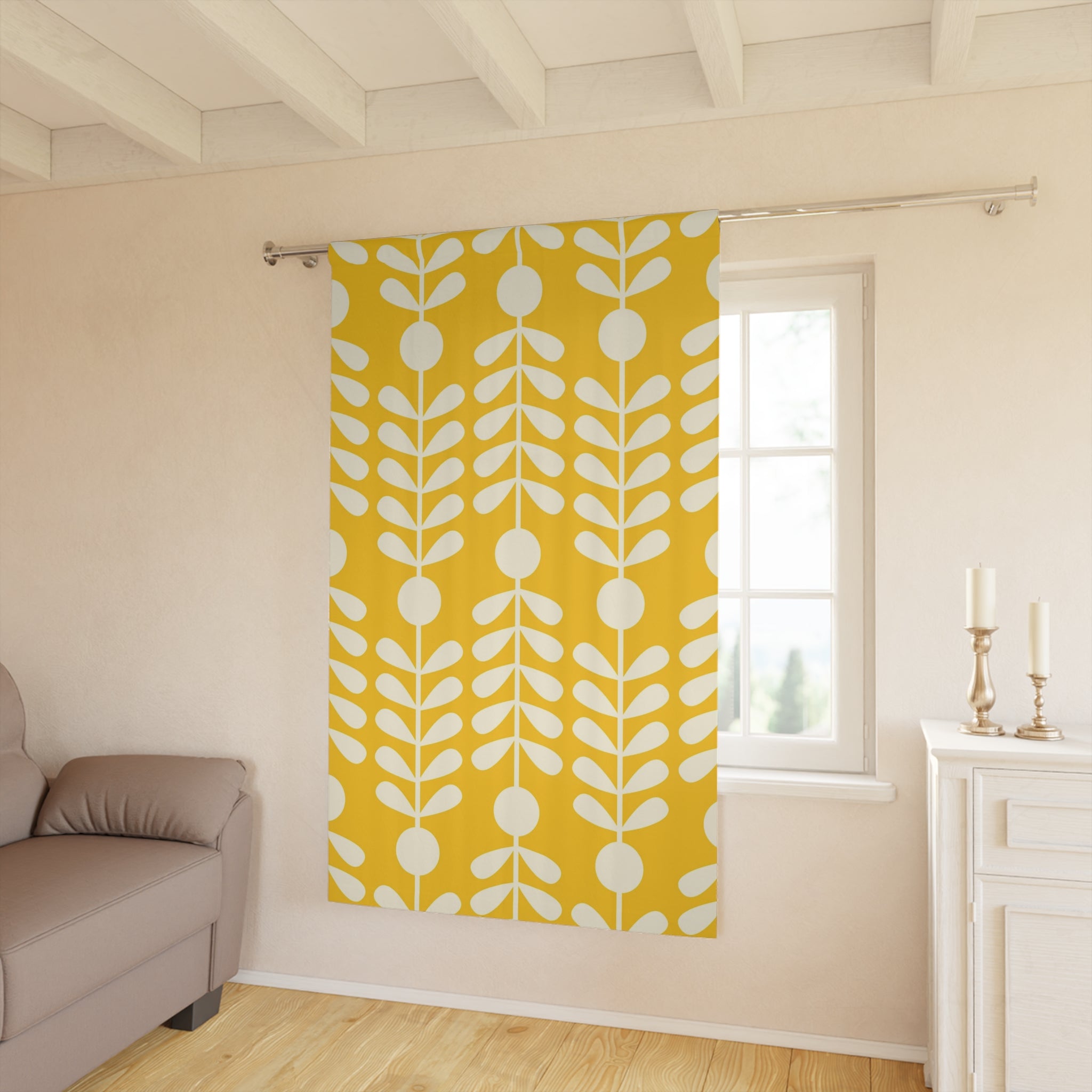 Scandinavian, Modern Danish, Minimalist, Yellow White, Abstract, Hygge Folk Art Retro Mod Window Curtains (1 Piece) - Mid Century Modern Gal
