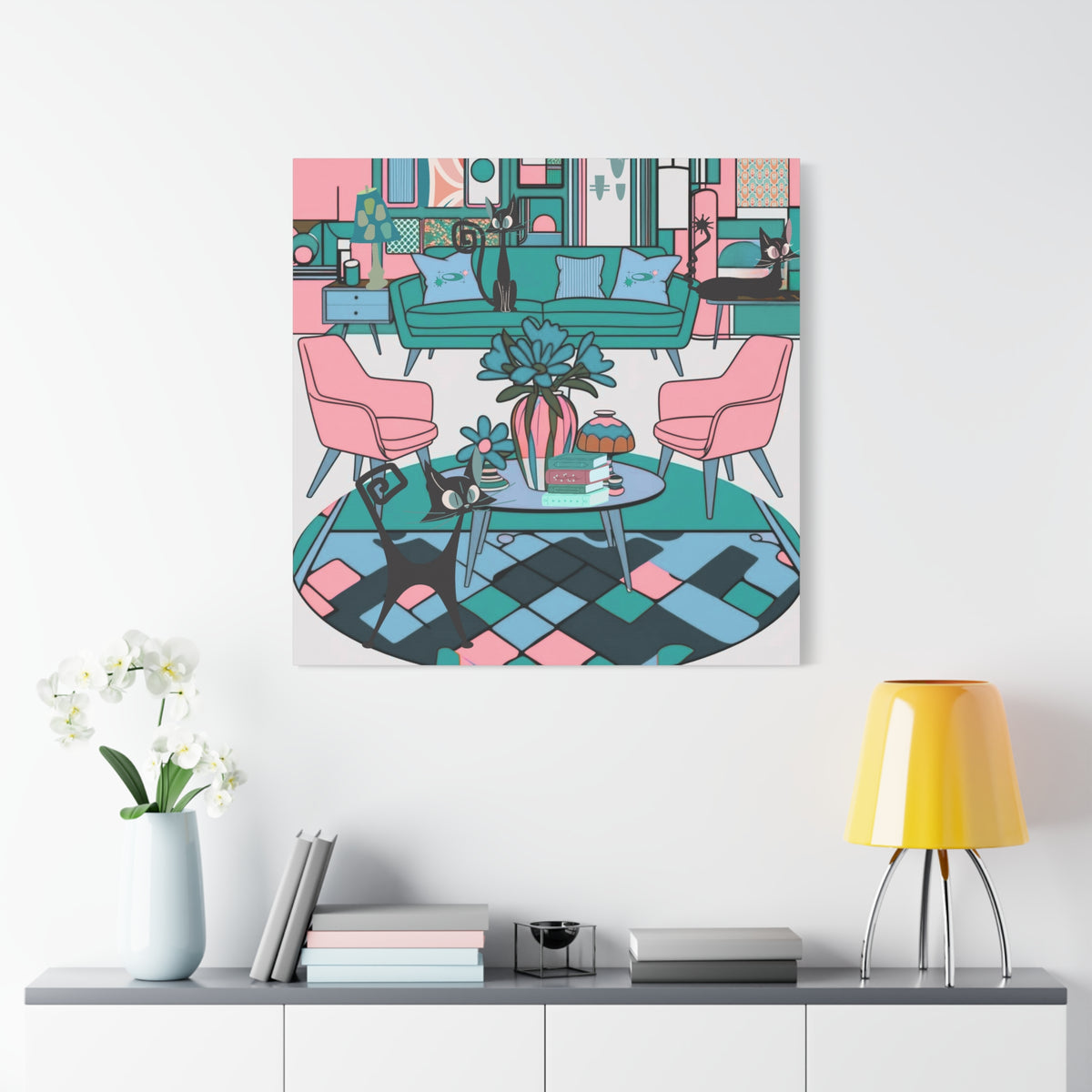 Atomic Cat Mid Century Modern Wall Art Colorful Cat-Themed Canvas Art - Mid Century Modern Gal