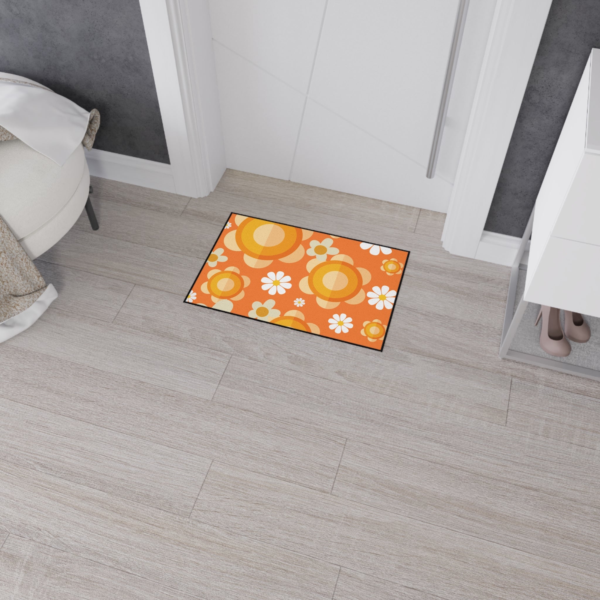 Retro Floral Orange, White Mod Daisy Heavy Duty Floor Mat - Ideal for Home Décor and Entryways - Mid Century Modern Gal