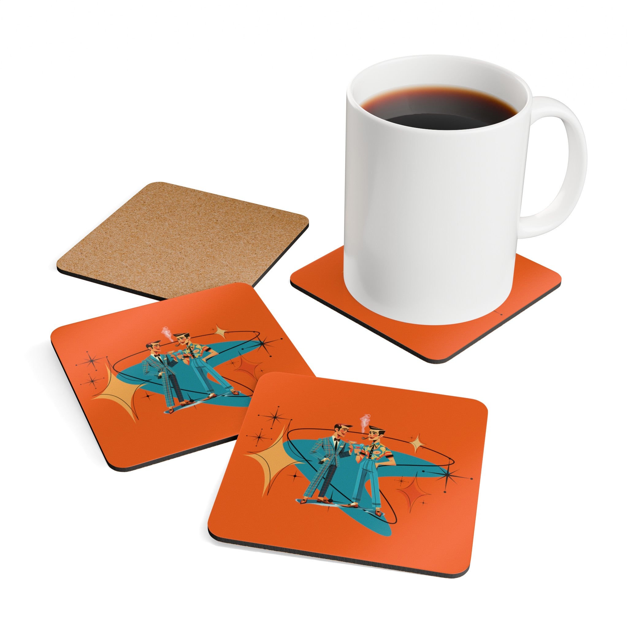 Mid Century Modern Gay Male Couple Gifts, Quirky Kitschy Sinatra Orange Corkwood Coaster Set - Mid Century Modern Gal