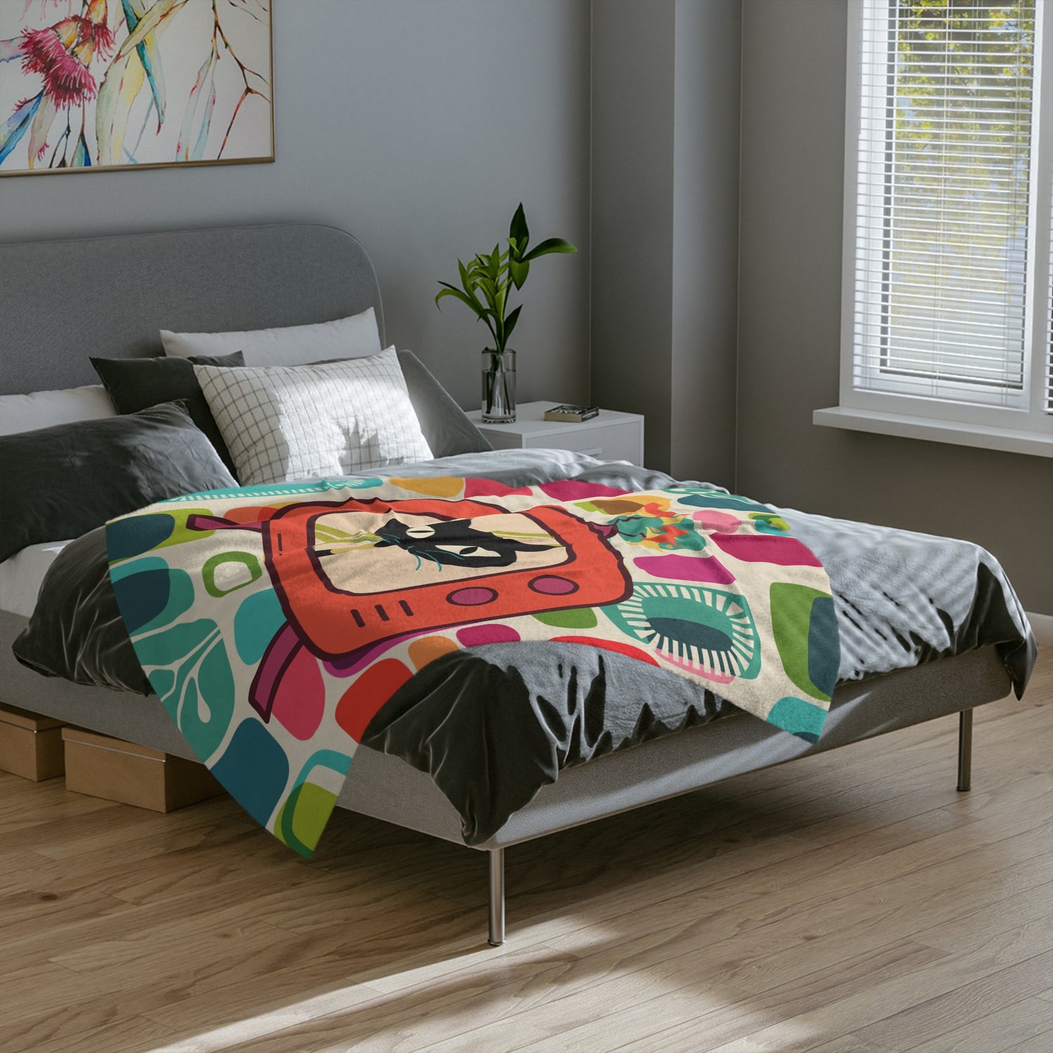 Mid Century Modern Amoeba Designed Atomic Cat Retro Mod Velveteen Microfiber Blanket - Mid Century Modern Gal