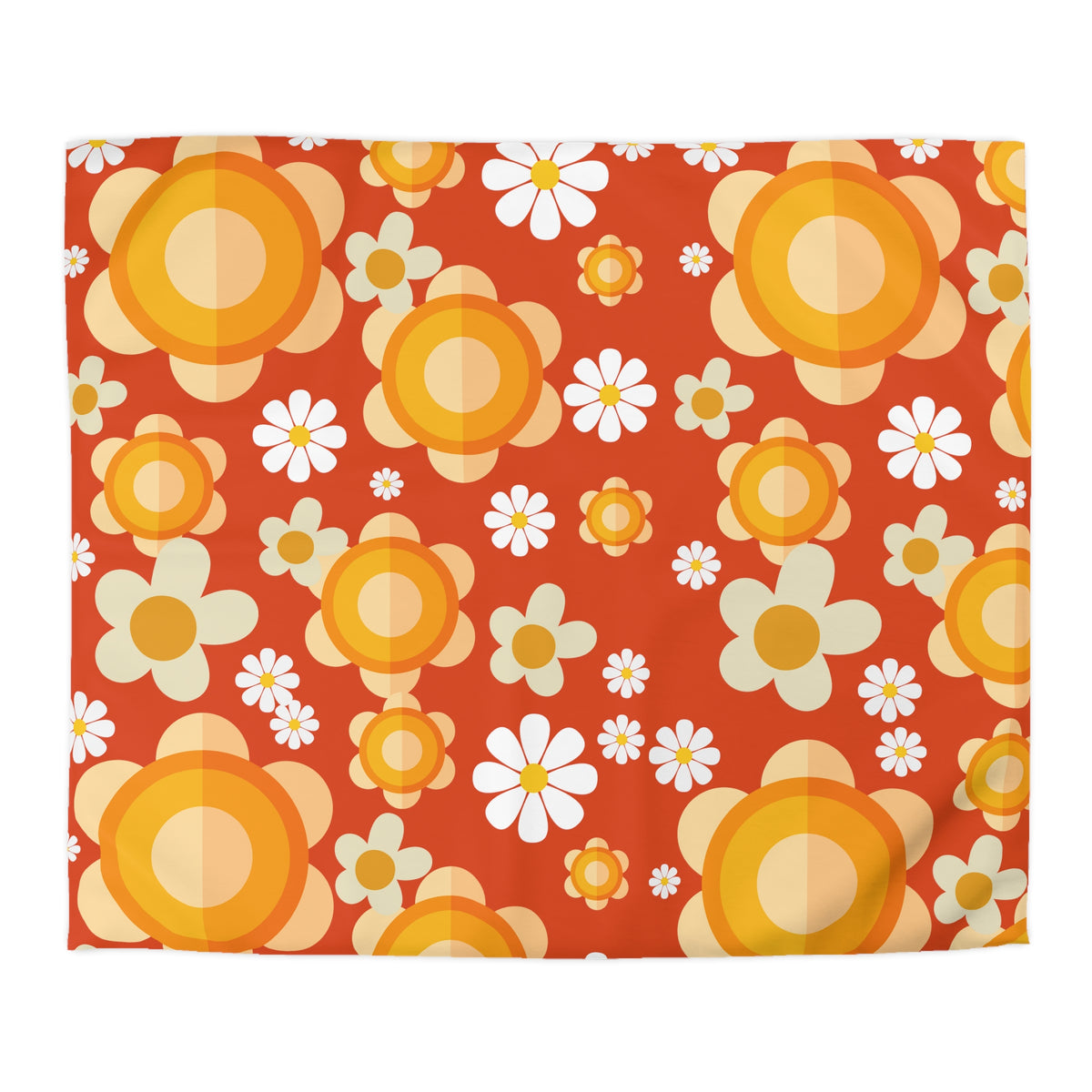 Retro Bedding Orange, White, Mod Daisy 70's Funky Groovy Hippie Queen Microfiber Duvet Cover - Mid Century Modern Gal