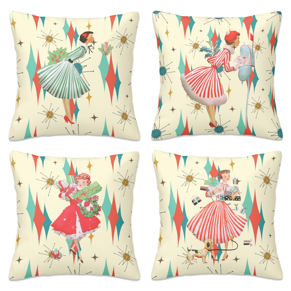 Mid Century Modern Christmas Kitsch, Mod Gal Franciscan Starburst Designed Holiday Pillow Covers - Mid Century Modern Gal