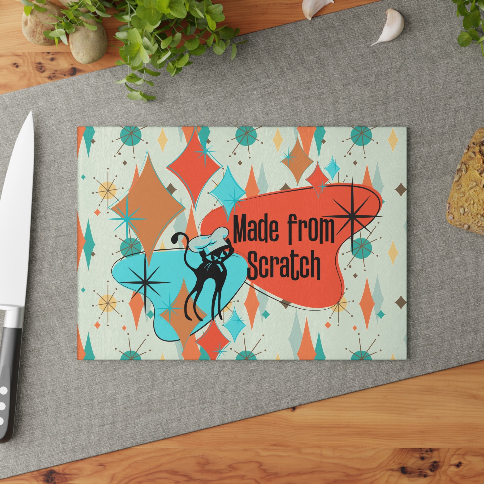 Mid Century Modern Glass Cutting Board, Atomic Cat, Made From Scratch Housewarming Gift, In Francisan Starburst Pattern - Mid Century Modern Gal