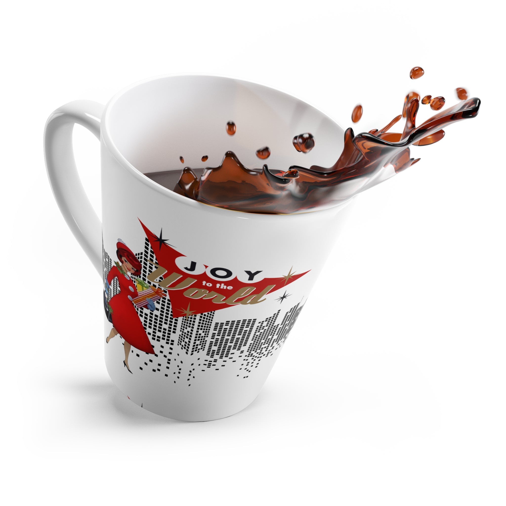 Holiday Kitschy Mod Gal, Mid Century Modern Christmas Vintage Inspired Joy to the World Latte Mug - Mid Century Modern Gal