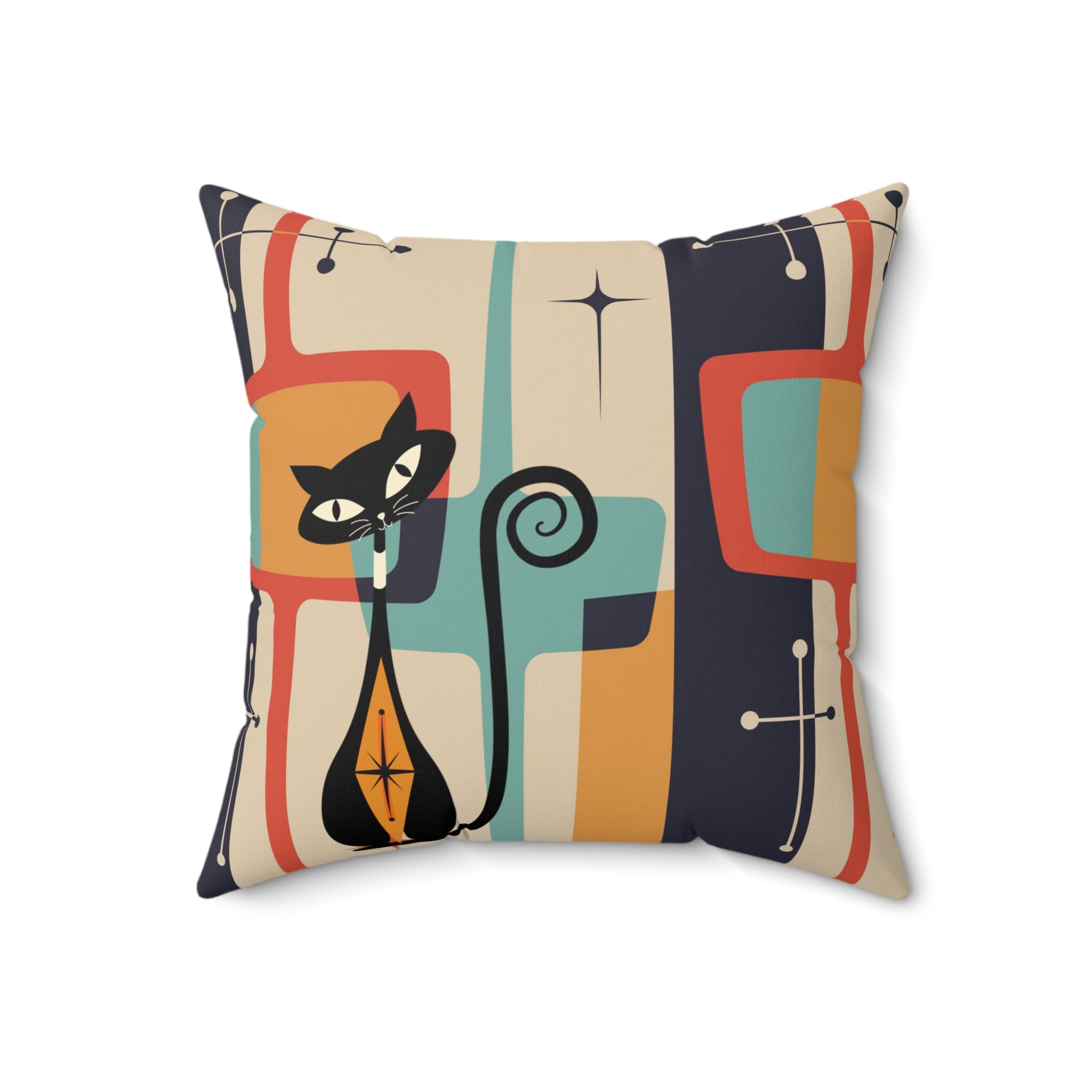 Atomic Cat Pillow, Mid Century Modern Geometric Retro Pillow And Insert - Mid Century Modern Gal