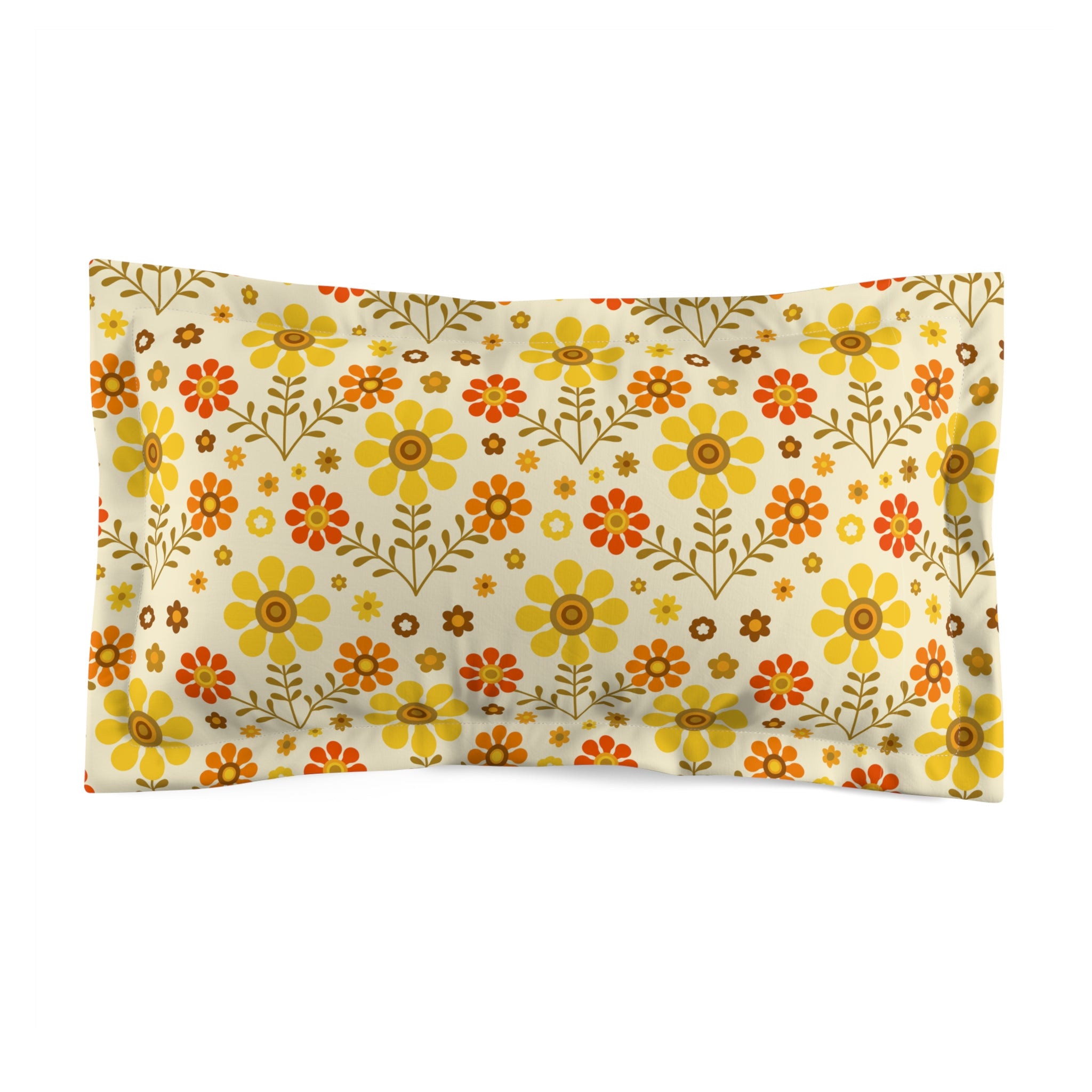 70s Flower Power Groovy Yellow Orange Mod Daisy Microfiber Pillow Sham - Mid Century Modern Gal