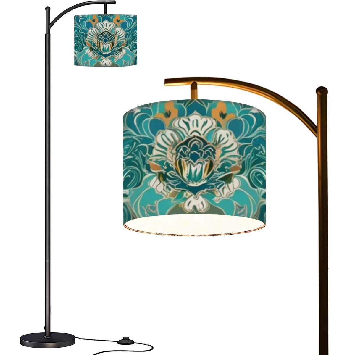 Chinoiserie Floor Lamp, Teal Gold Elegant Floral Arc Modern Floor Lamp - Mid Century Modern Gal