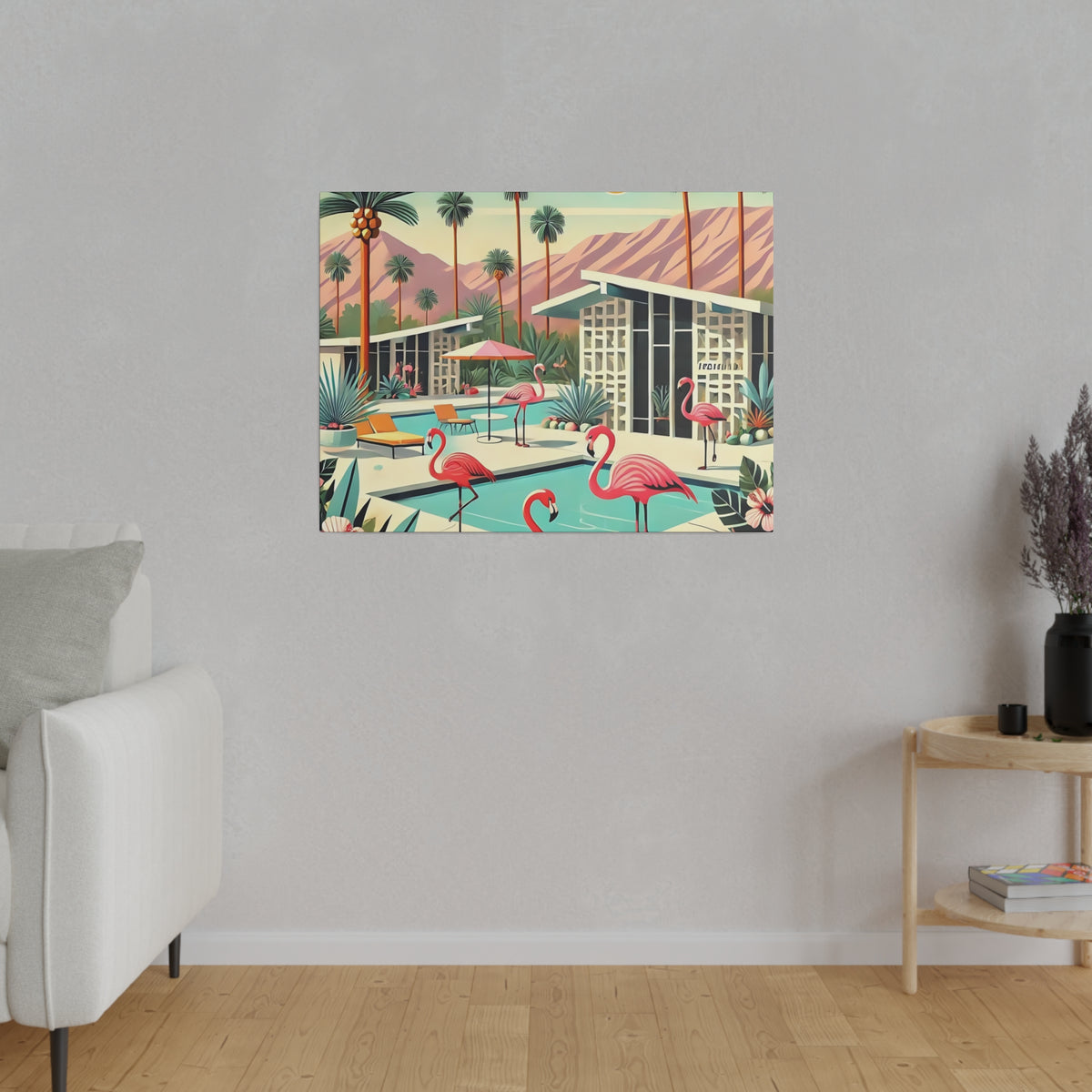 Mid-century modern wall art featuring pink flamingos by a pool, Palm Springs landscape, and retro architecture.