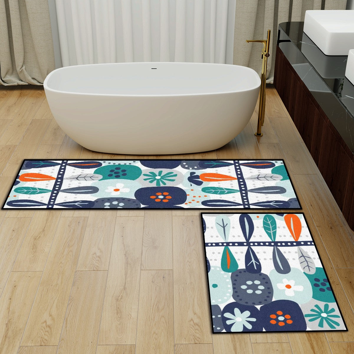 Mid Mod Scandinavian Floral Blue White Orange Retro Kitchen Area Rug Set for Floor Non-Slip Washable - Mid Century Modern Gal