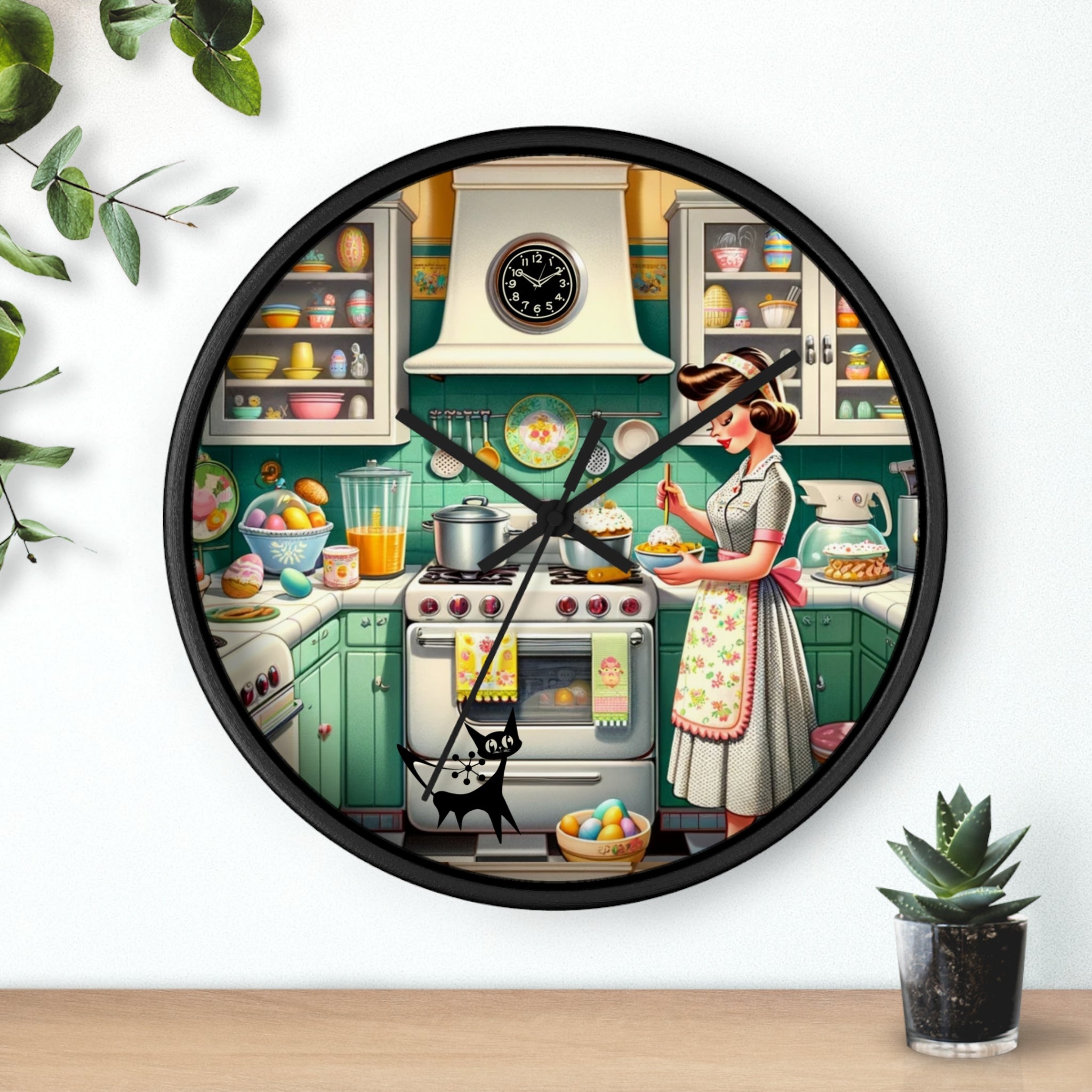Vintage Kitschy Designed Mid Mod Gal Atomic Cat, Spring Wall Clock with Retro Cooking Design - Mid Century Modern Gal
