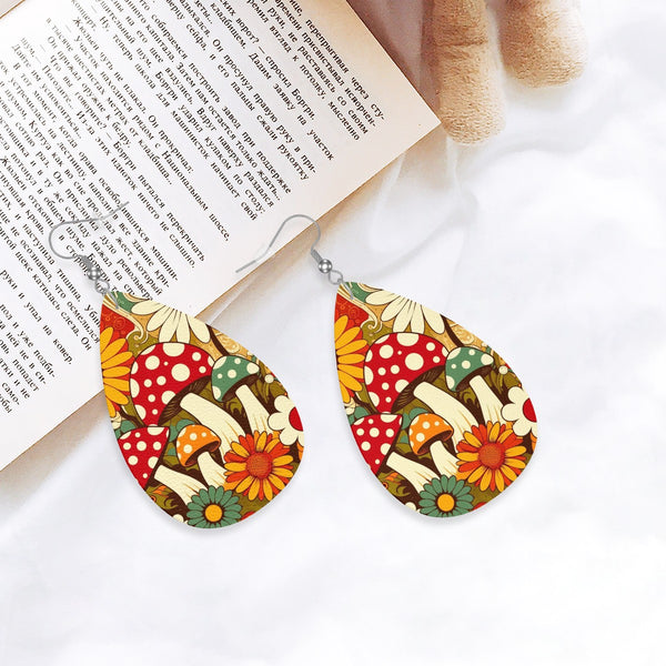 Retro 70s Merry Mushroom Groovy Vegan Leather Teardrop Earrings