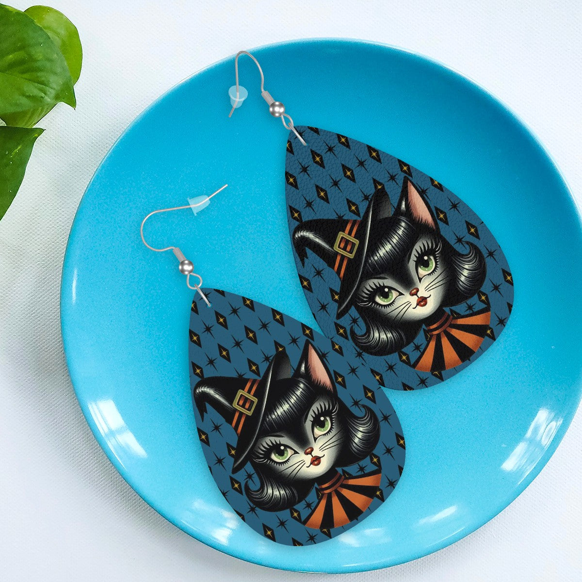 Vintage Halloween Black Cat Sexy Sexton Mid Century Modern Blue Vegan Leather Teardrop Earrings - Mid Century Modern Gal