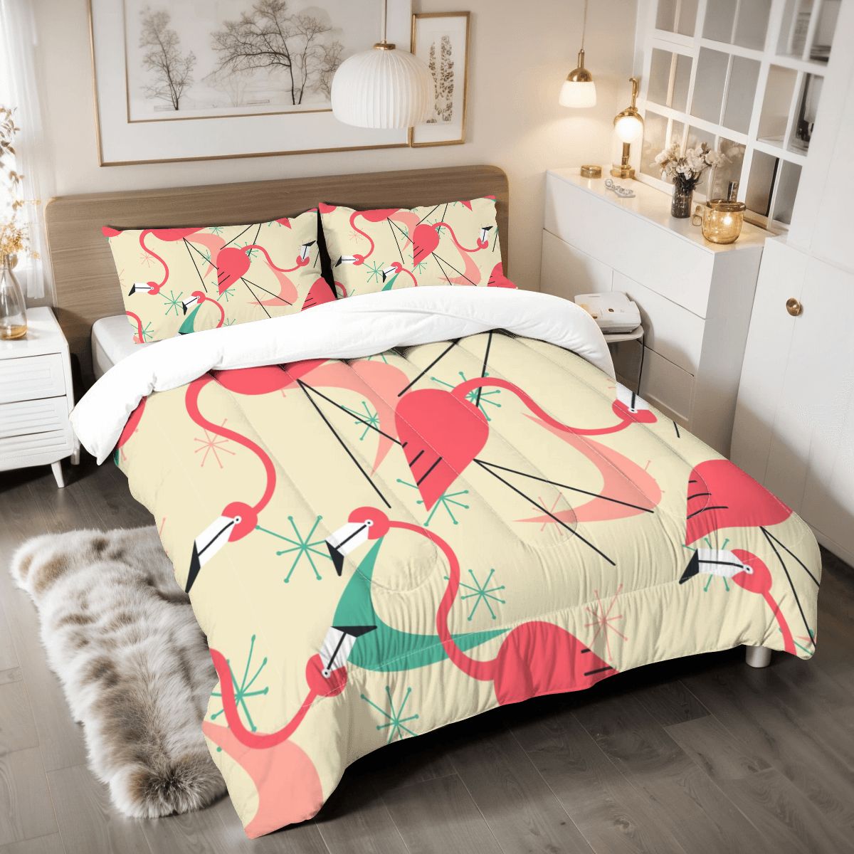 Palm Springs California Kitschy Flaming King Size Funky Fun Comforter Set - Mid Century Modern Gal