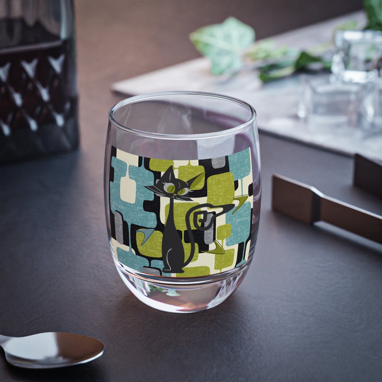Atomic Cat Bar Glass, Mid Century Modern Barware With Geometric Designed 6 oz. Whiskey Glass - Mid Century Modern Gal