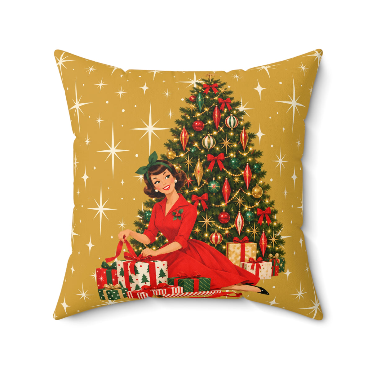 Mid Century Modern Christmas Glamour Gal Wrapping Presents by Tree, Gold Atomic Starbursts Pillow Cover and Insert - Mid Century Modern Gal
