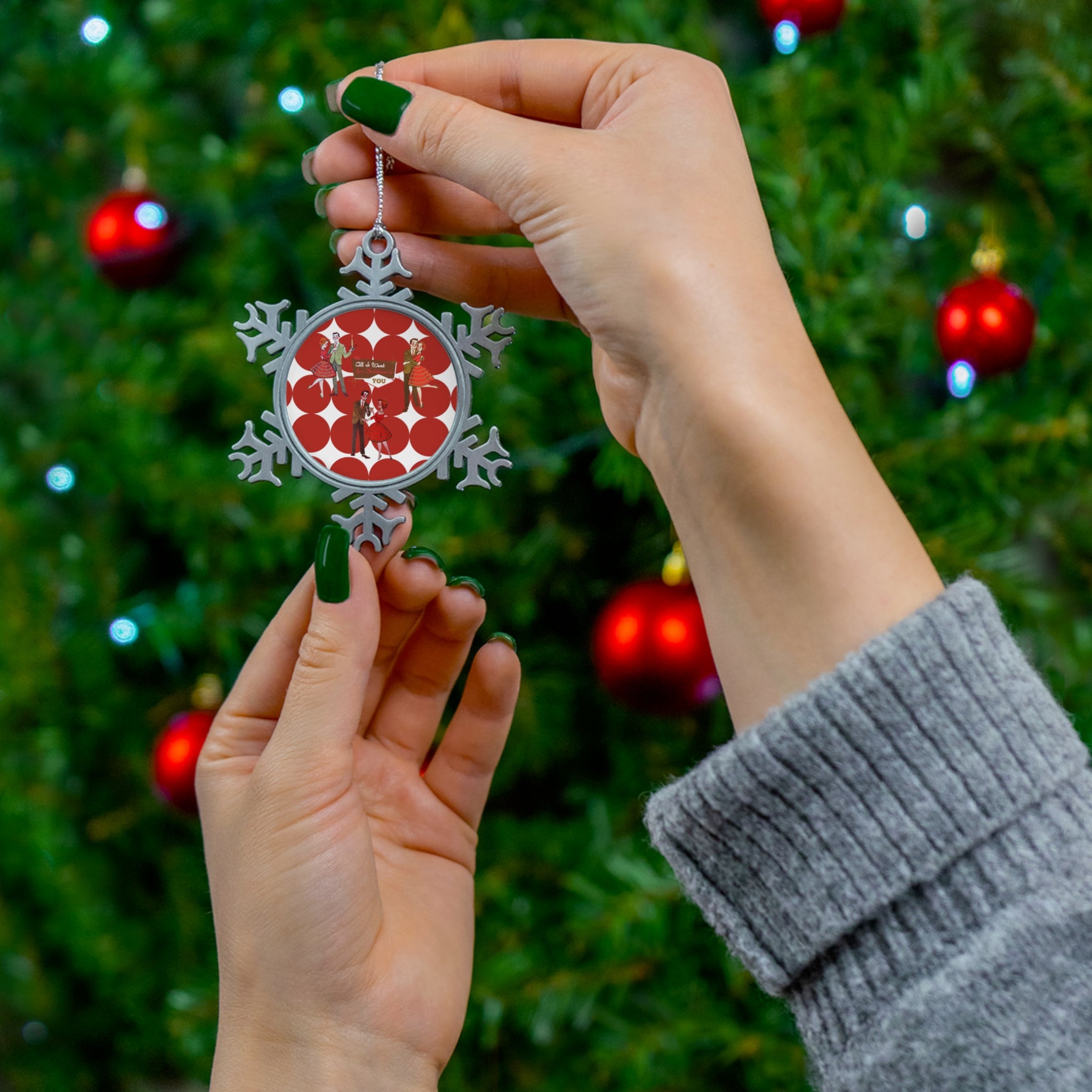 All I Want For Christmas Is You, Kitschy 50s Mod Couples Pewter Snowflake Ornament - Mid Century Modern Gal