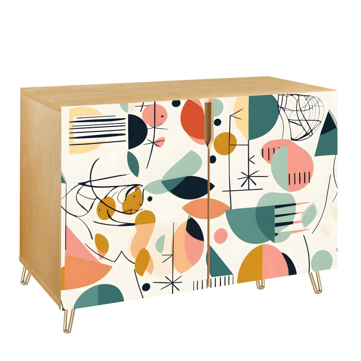 Mid Century Modern Wooden Storage Cabinet, Boho Abstract Geometric Design - Mid Century Modern Gal