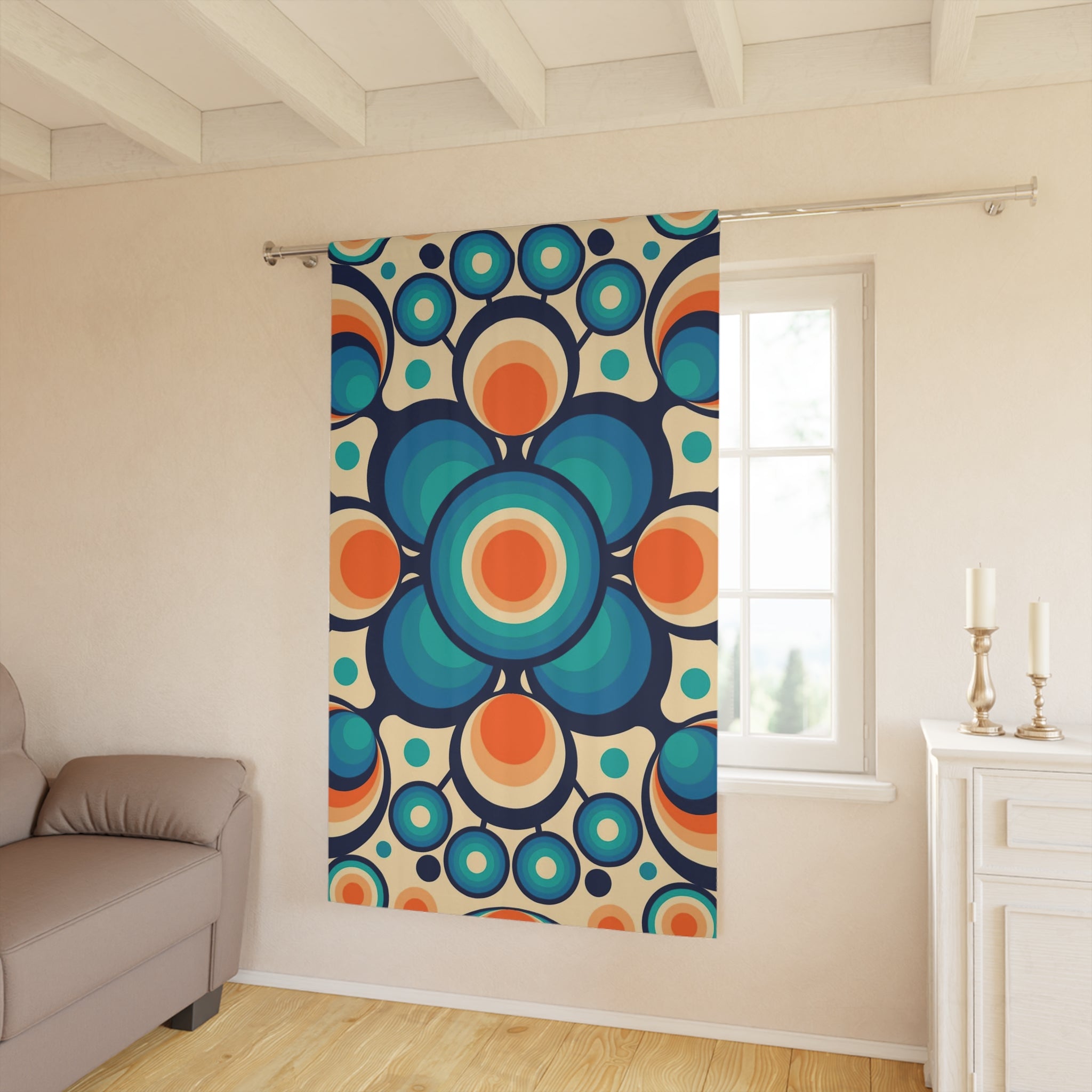 Mid Century Modern Groovy Orbs, Orange, Blue Geometric Mid Mod Retro Window Curtains (1 Piece) - Mid Century Modern Gal