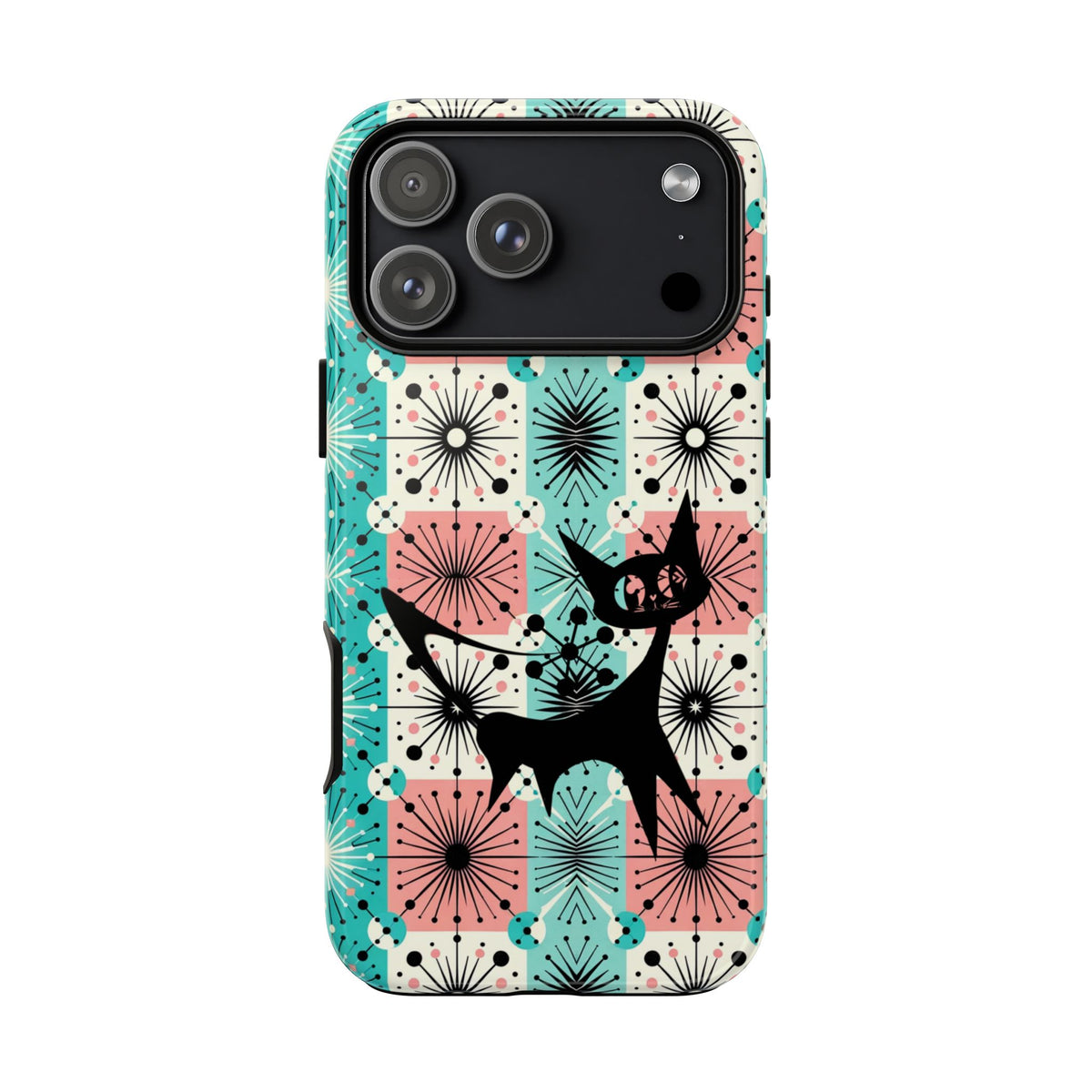 Atomic Kitschy Cat, Mid Century Modern Pink, Aqua Starbursts Tough Phone Case