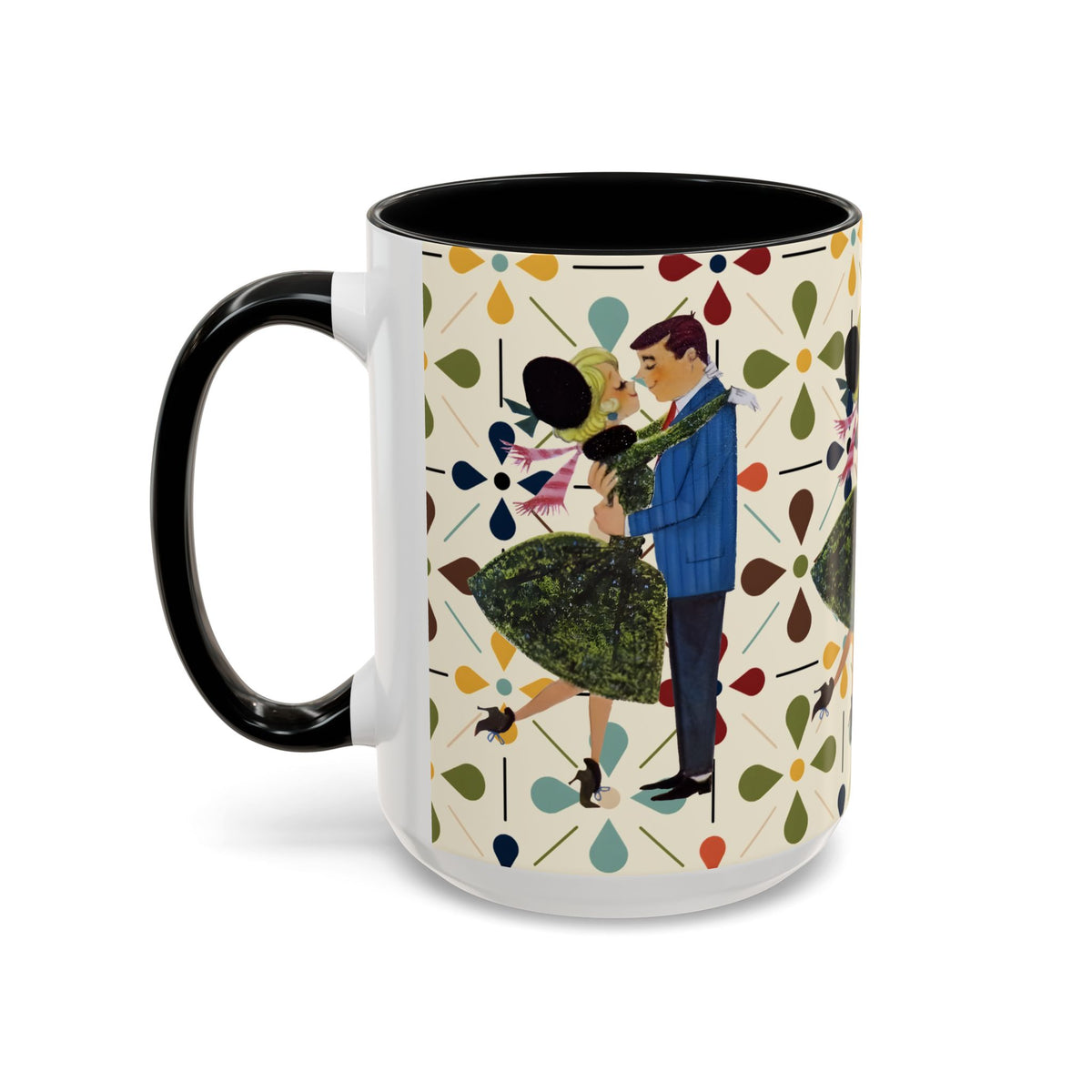 Mid Century Modern 50s Christmas Scandi flower mug featuring a dancing couple against a colorful floral background.