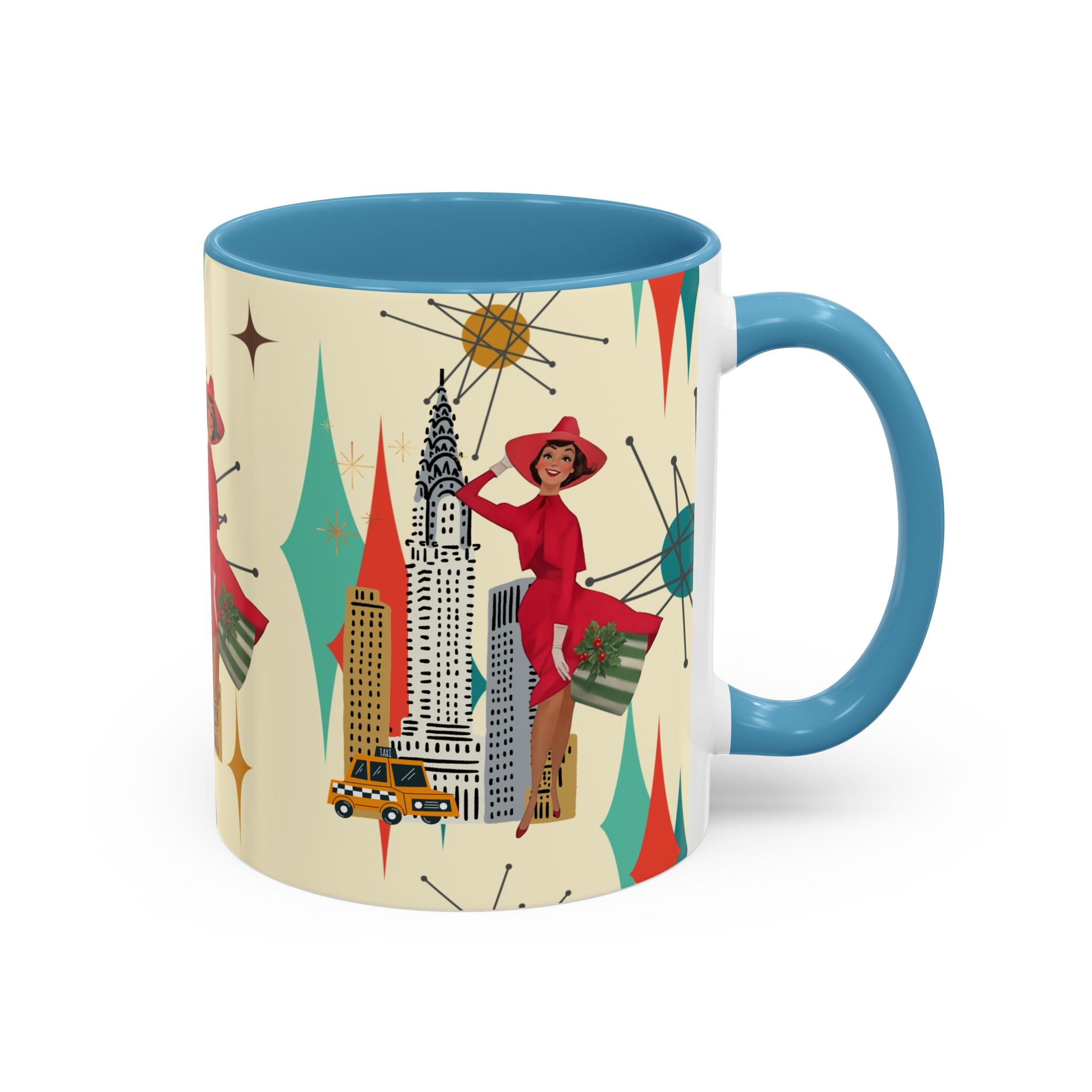 Mid Century Modern Kitschy Christmas Gal, Franciscan Starburst Diamond Retro Chic Accent Coffee Mug - Vintage Cityscape Design - Mid Century Modern Gal
