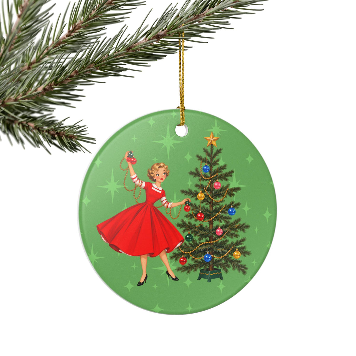 Mid Century Modern Gal Decorating Christmas Tree, Green Atomic Starbursts Ceramic Christmas Tree Ornament - Mid Century Modern Gal