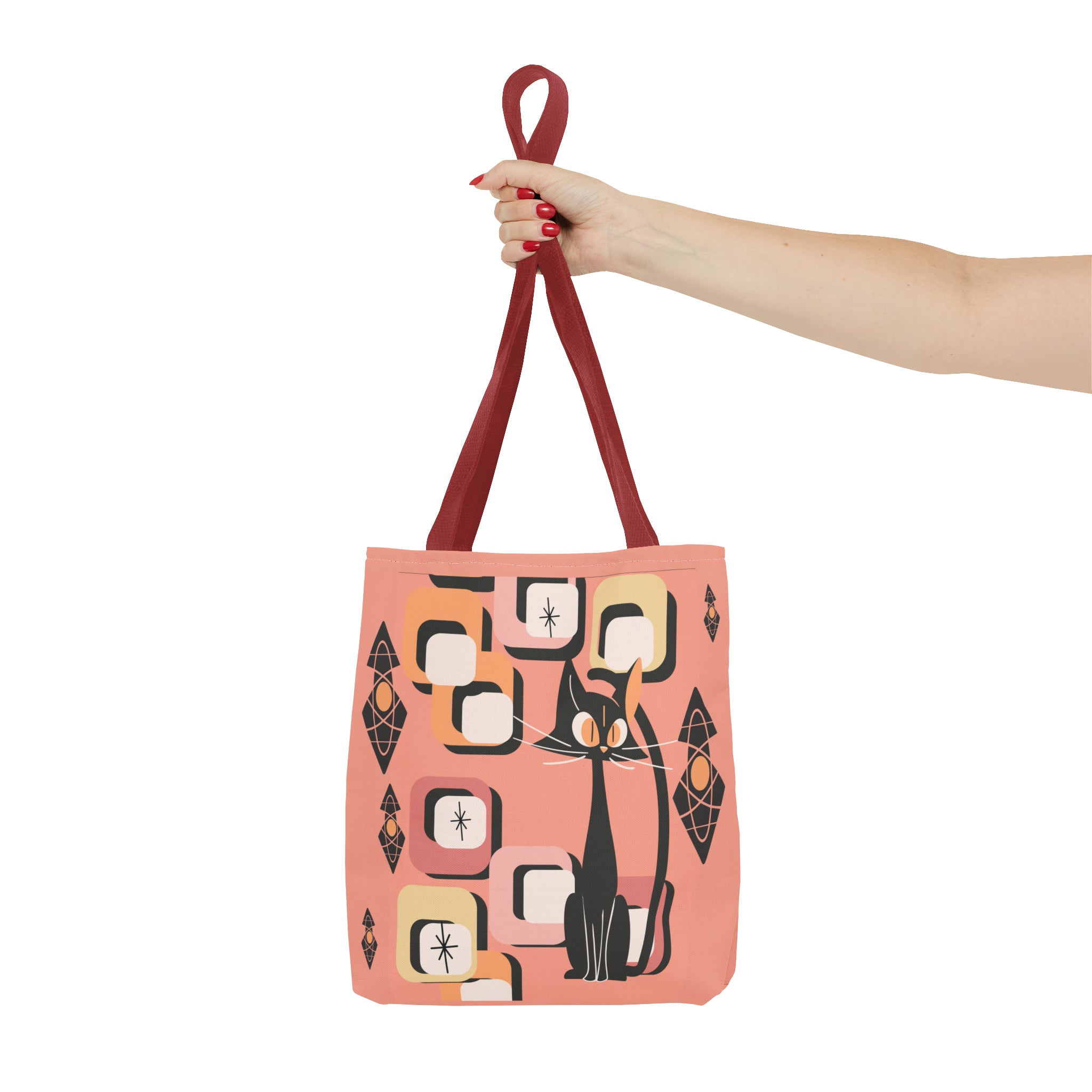 Atomic Cat Tote Bag, Coral Color, Mid Century Modern Geometric Designs, Mid Mod Retro Apparel - Mid Century Modern Gal