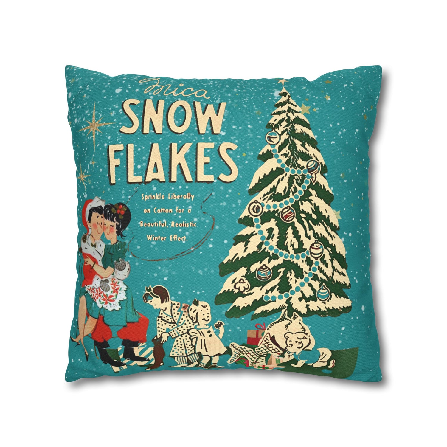 50s Mica Snow Christmas Pillow, Kitschy Mod Couple, Festive Fun Pillow Cover - Mid Century Modern Gal