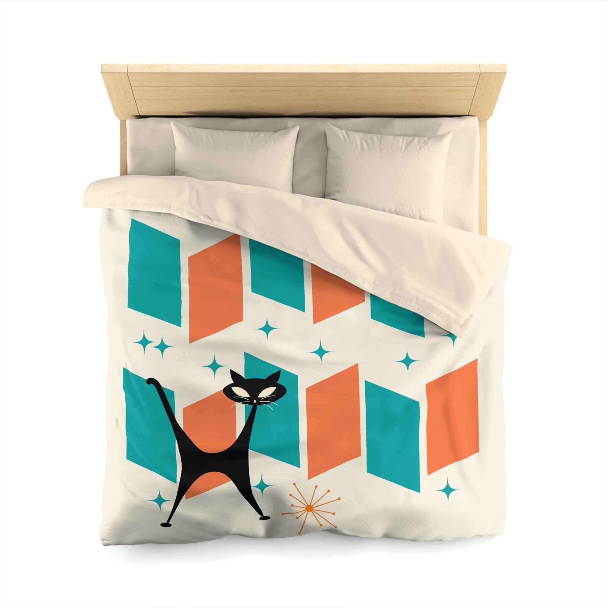 Mid Century Modern Orange, Teal, Retro Mod Duvet Cover With Atomic Cat Design - Mid Century Modern Gal