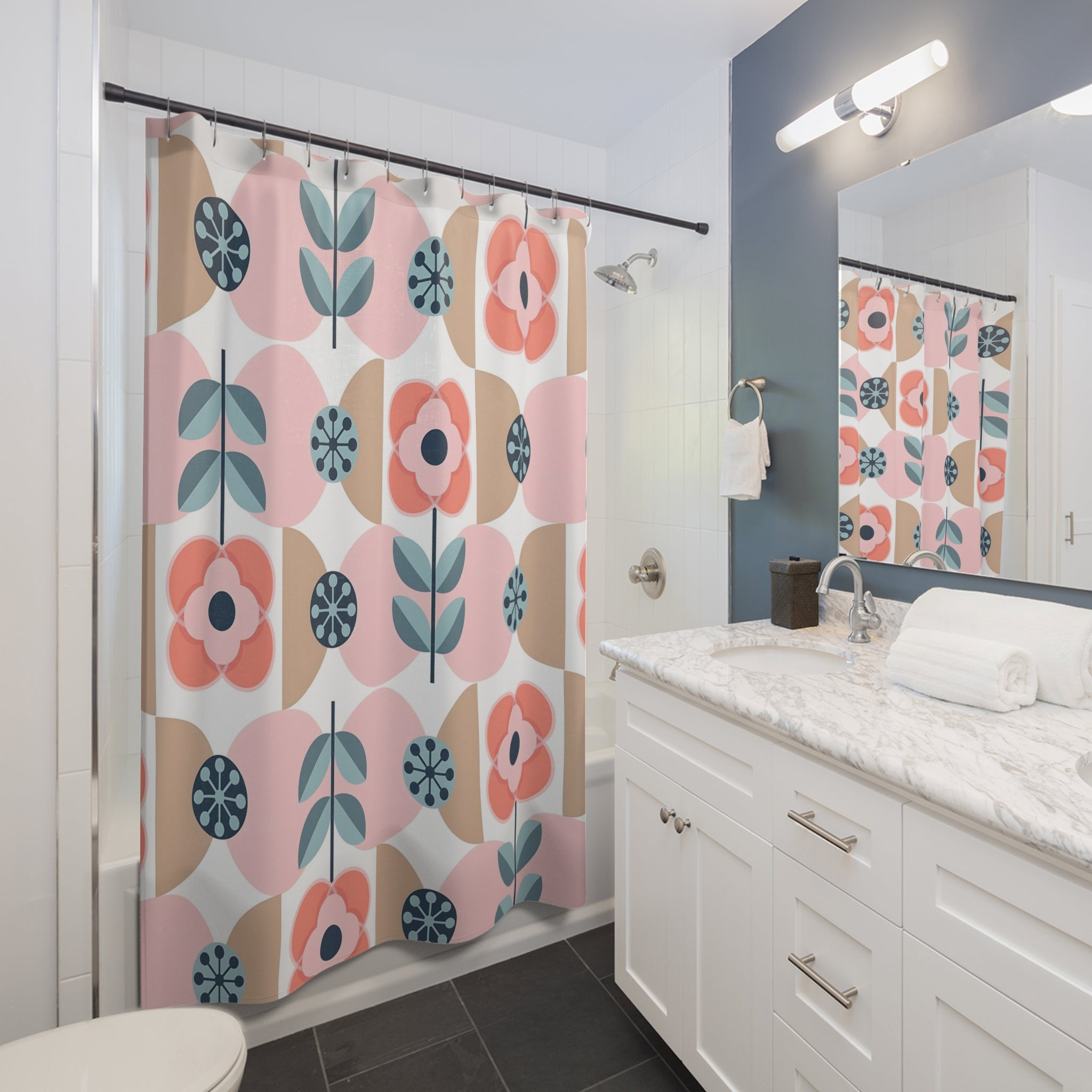 Scandinavian Designed Floral Shower Curtain, Pink, Blue, Retro Mod Bathroom Decor - Mid Century Modern Gal